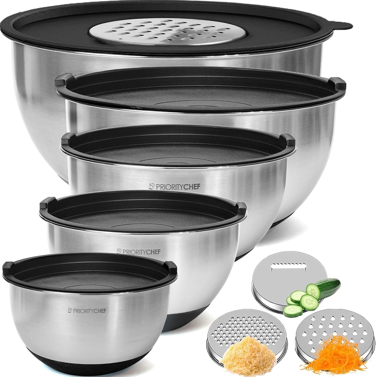 Priority Chef Stainless Steel Mixing Bowls with Lids Set, 3 Grater Attachments, Airtight Lids, Non-Slip Silicone Base Mixing Bowl Set, Large Prep Metal Mixing Bowls for Kitchen, Black - Image 9