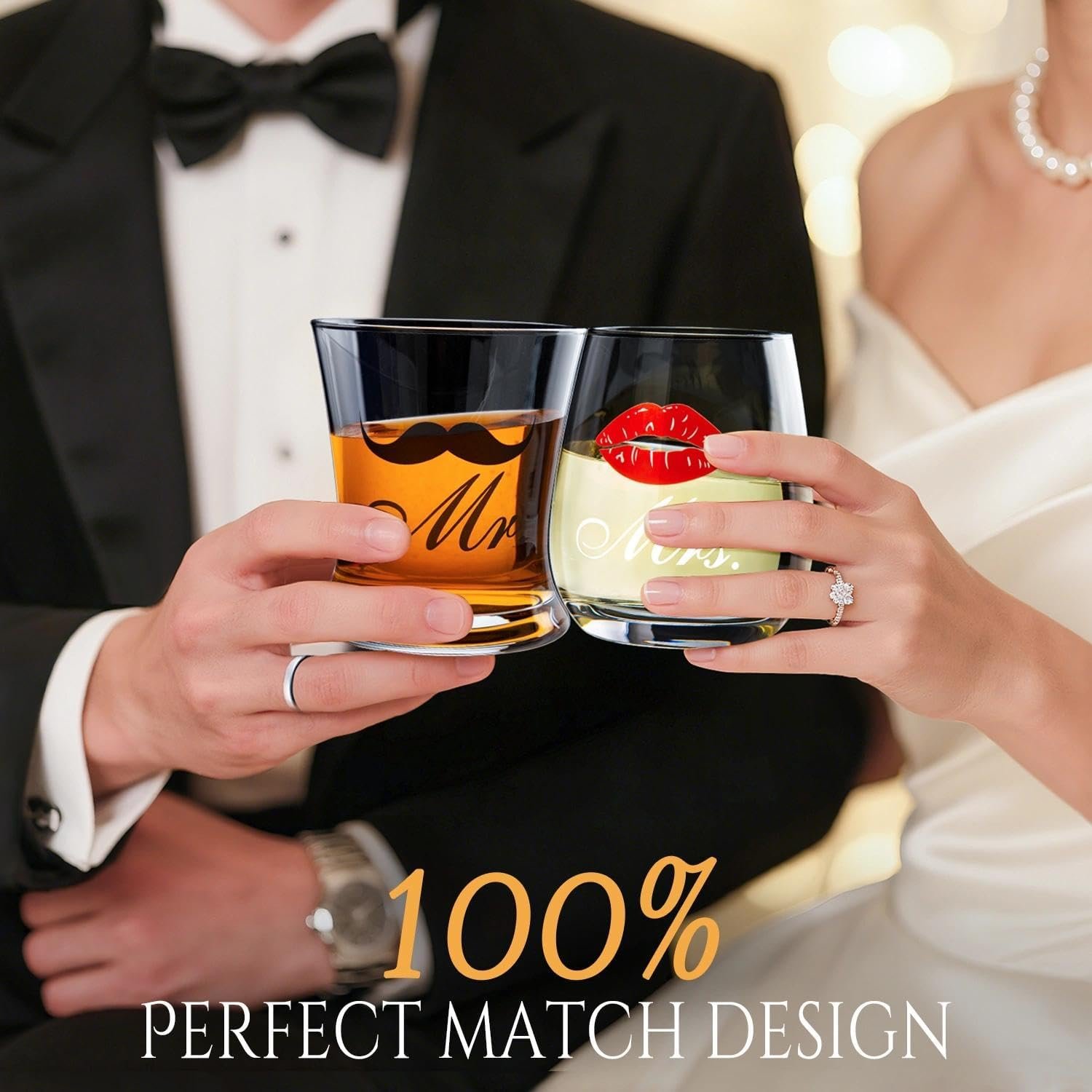 LIGHTEN LIFE Wedding Engagement Gifts for Couples,Bridal Shower Gift for Bride and Groom Newlyweds,Anniversary Mr and Mrs Whiskey Wine Glasses Set with Appron - Image 2
