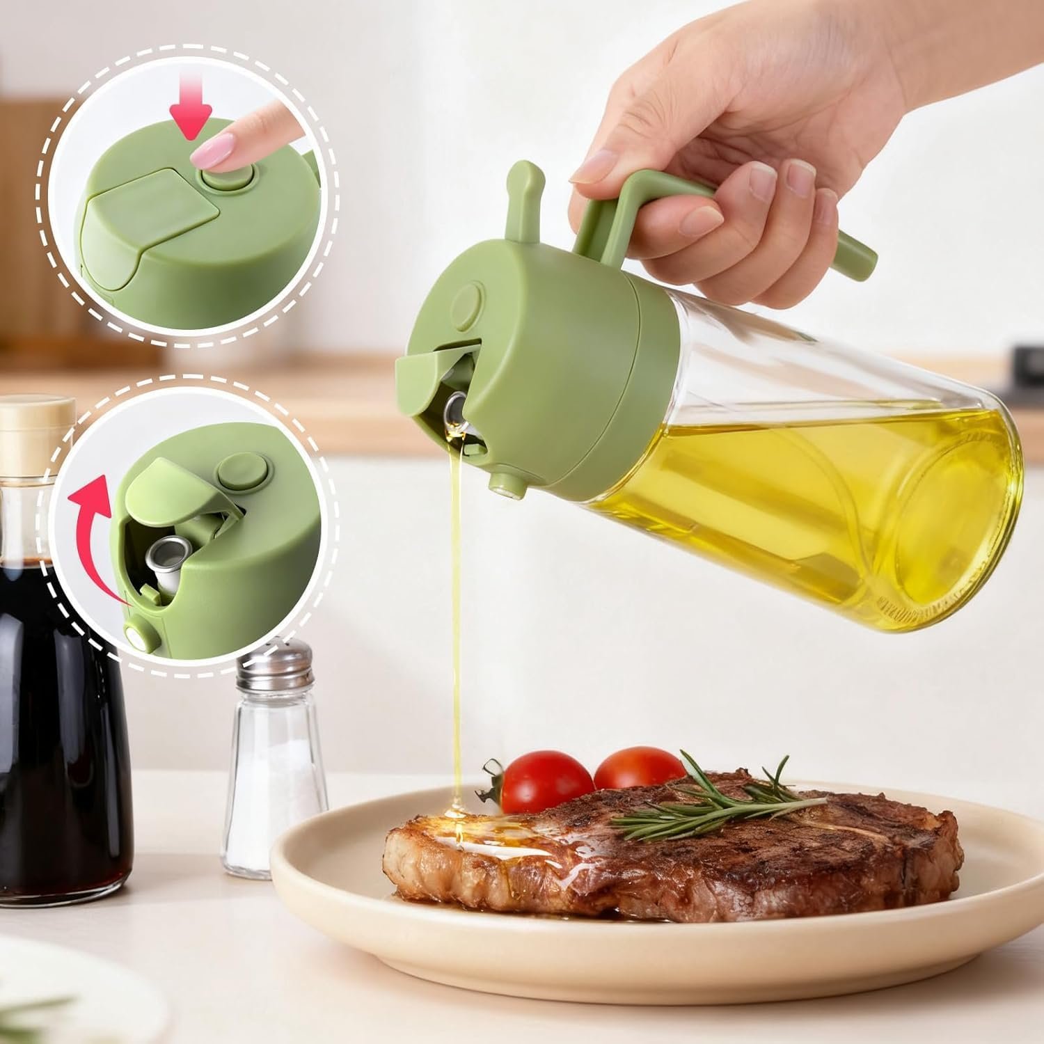 2Pack Glass Oil Sprayer for Cooking 16oz/470ml, 2 in 1 Oil Dispenser with Label Stickers & Portion Control, Kitchen Gadget for Air Fryer, Salad, BBQ, Frying(Black+Green) - Image 3