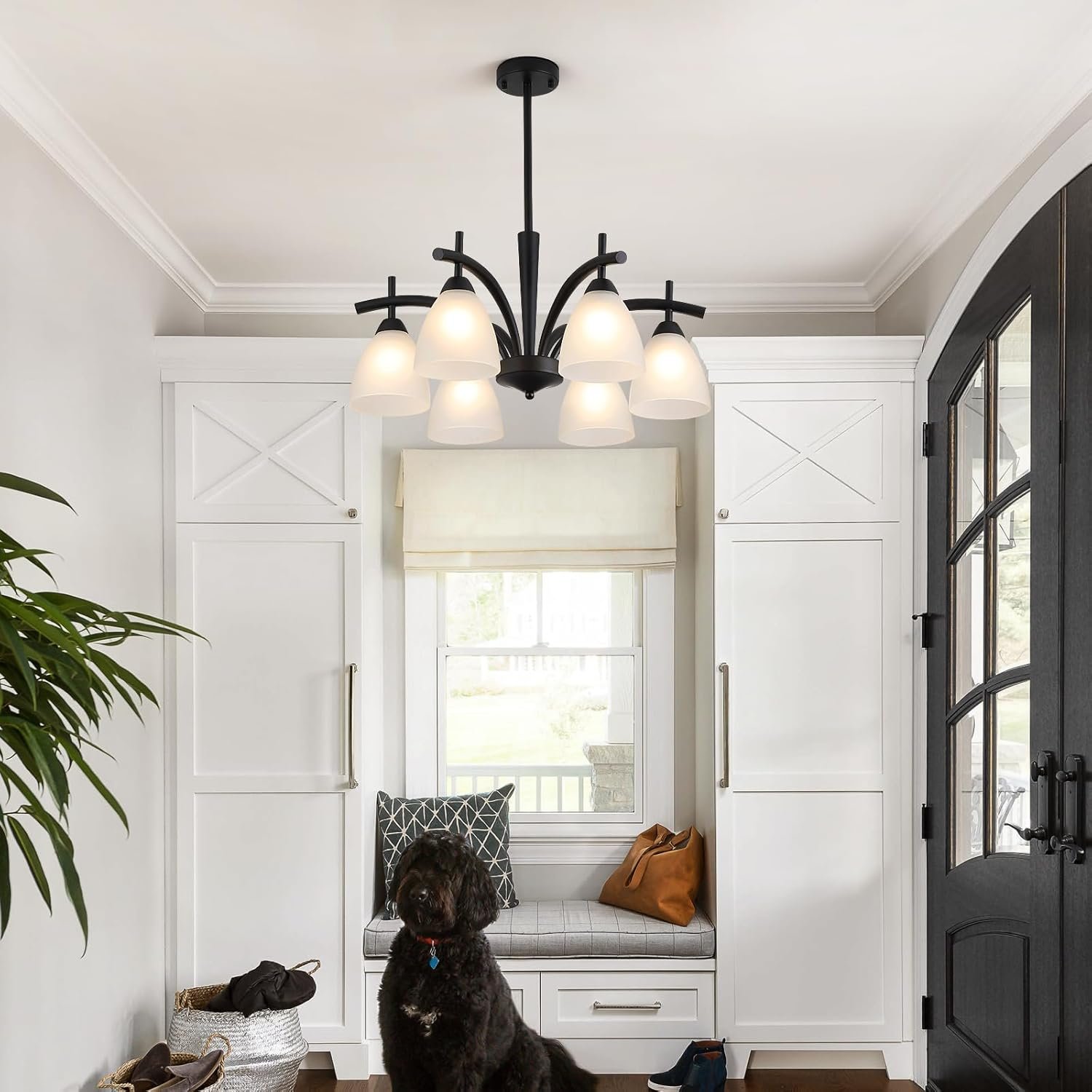 Q&S Modern Farmhouse Black Frosted Glass Chandelier Rustic Kitchen Light Fixtures 6 Lights for Dining Room Living Room Foyer Entryway Bedroom UL Listed D25.6 Inches - Image 6