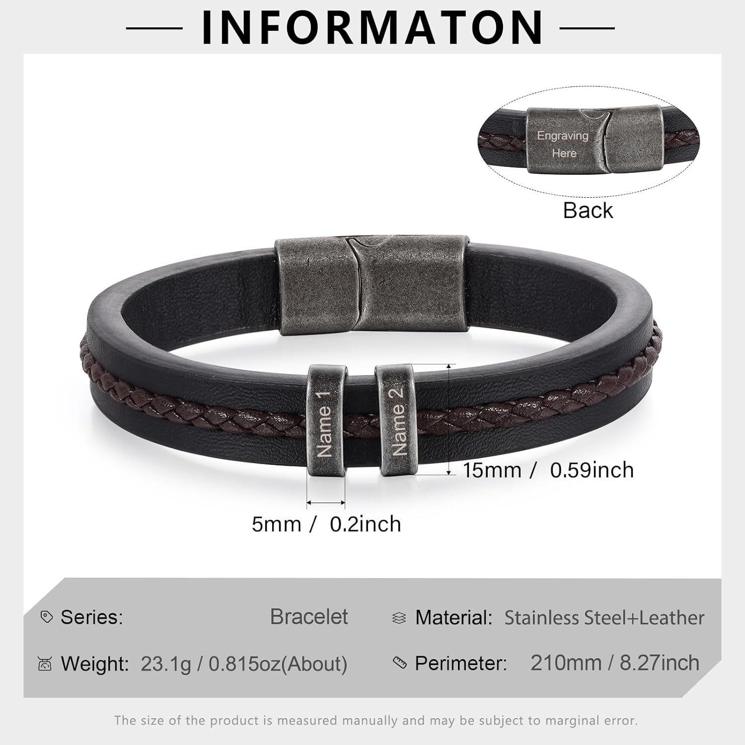 Personalized Custom Name Bracelets for Men - Mens Leather Bracelet with 2-5 Kids Names Customized Gifts for Dad Husband Boyfriend Son - Image 2