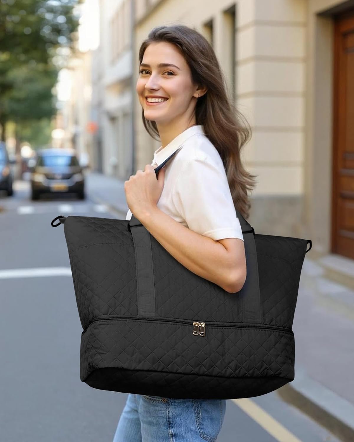 HOTOR Travel Duffel Bag - Large Weekender Bags for Women, Carry On Bag with Shoe Compartment, Overnight Bag with Toiletry Bag for Travel Essentials and Travel Accessories, Black, 34.0 x 45.0 x 20.0 cm - Image 2