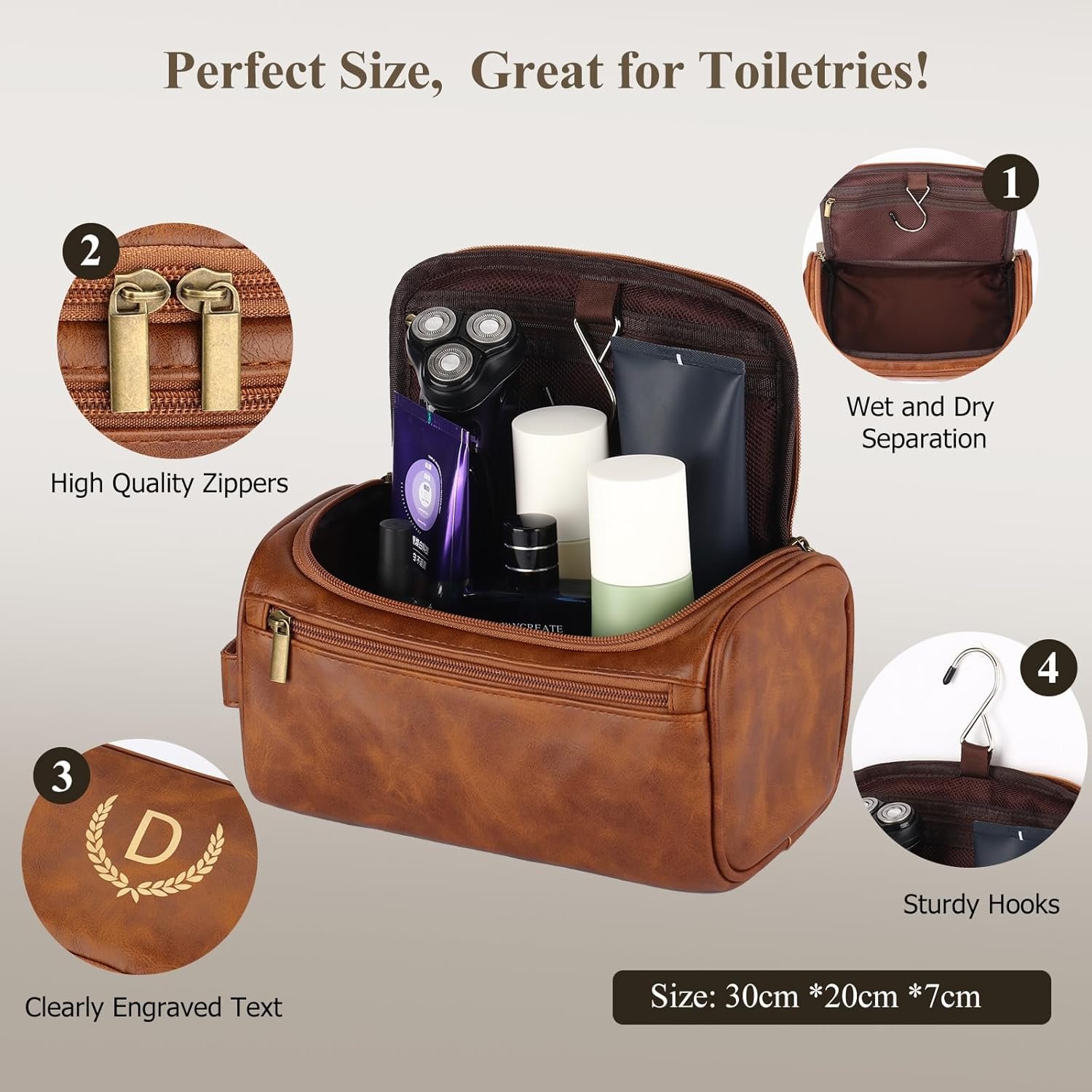 OXYEFEI Toiletry Bag Men,Gifts for Men,Mens Toiletry Travel Shaving Dopp Kit Bag with Initial PU Leather Cosmetic Bags Organizer Storage Accessories (M) - Image 2