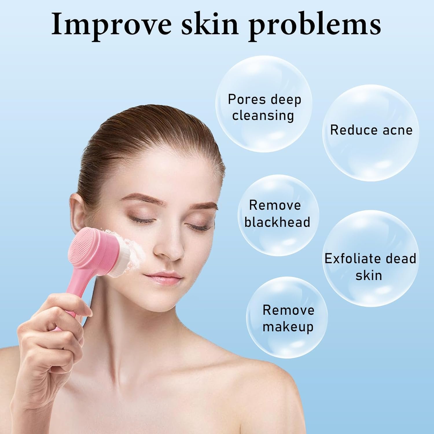 Facial Cleansing Brush 2 in 1, Silicone Face Scrubber Dual Face Brush for Deep Pore Cleansing and Exfoliating, Skincare Headband and Wristbands Set for Washing Face, Massaging Spa Makeup, Pink - Image 4