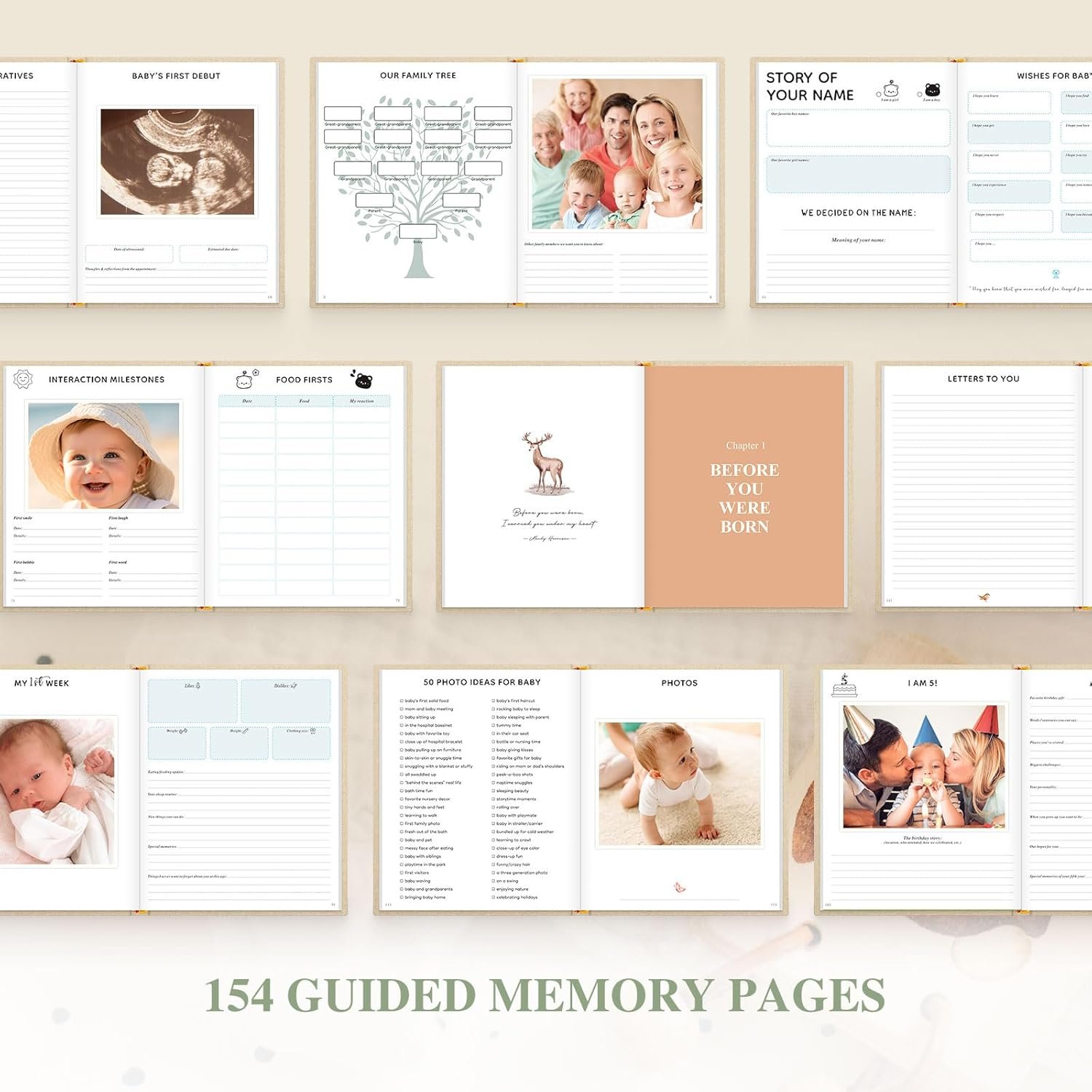 Lanpn Baby Memory Book - Linen Baby Book Memories Keepsake - The Story of You - Newborn Baby First 5 Year Journal Scrapbook Photo Book Milestone Album for Boy Girl New Parents (Beige, 154 Pages) - Image 5