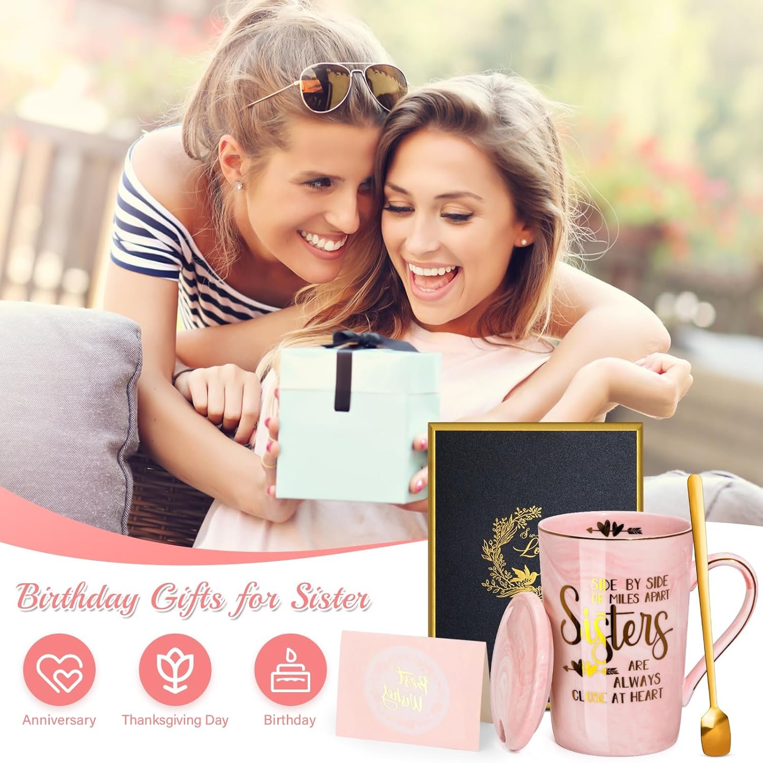 Sister Birthday Gifts - Sister Gifts for Sisters from Brother Sisters, 14Oz Pink Marble Ceramic Coffee Cup with Gold Print Coffee Mug with Spoon Lid Card Nice Box - Image 6