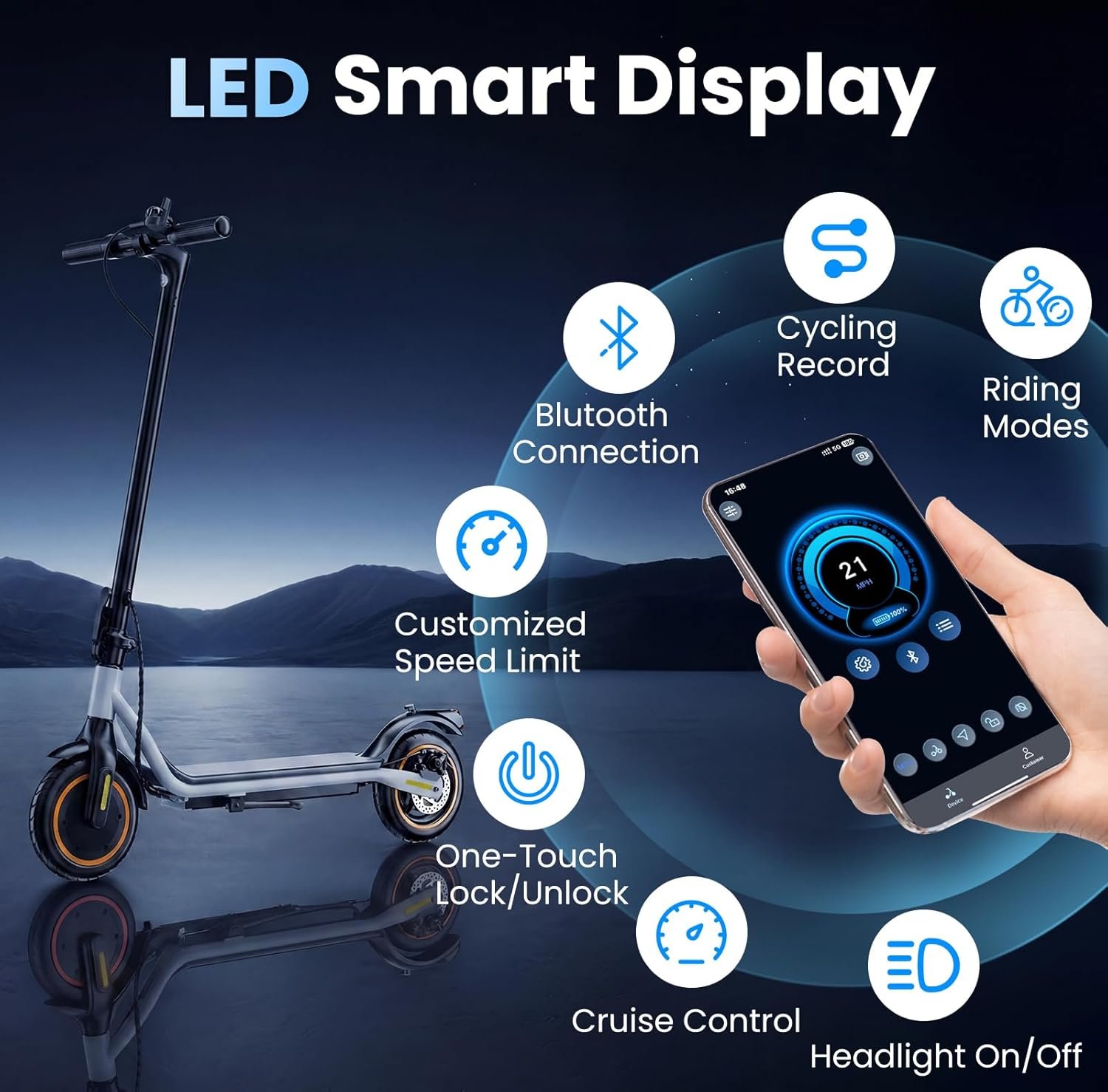 Electric Scooter - Electric Scooter Adults, 1000W/500W Motor, 25/21/18 MPH, 10''/8.5'' Tires, 28/23/21 Miles, APP Control, Dual Brake, Long Range Electric Scooter for Gift - Image 2