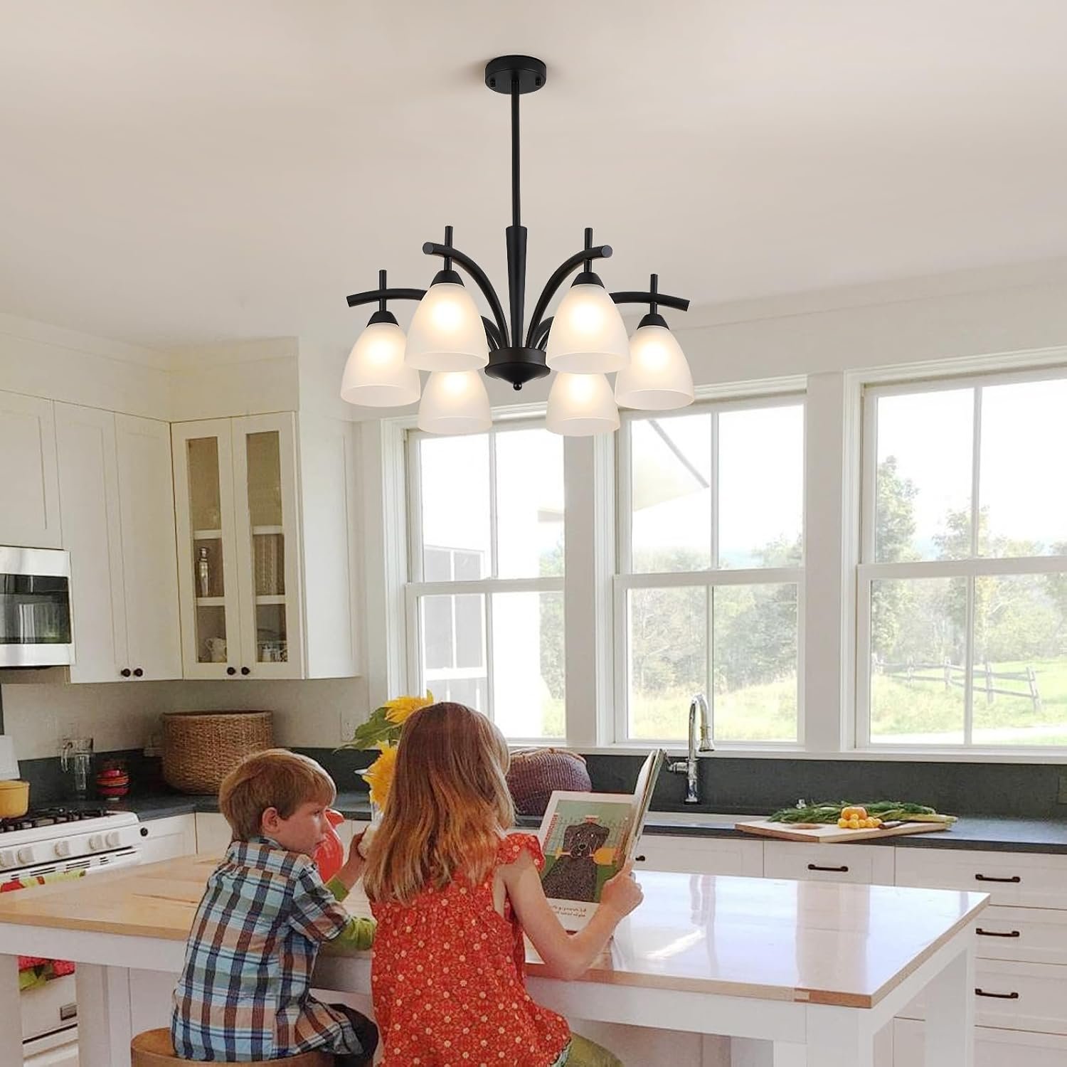 Q&S Modern Farmhouse Black Frosted Glass Chandelier Rustic Kitchen Light Fixtures 6 Lights for Dining Room Living Room Foyer Entryway Bedroom UL Listed D25.6 Inches - Image 5