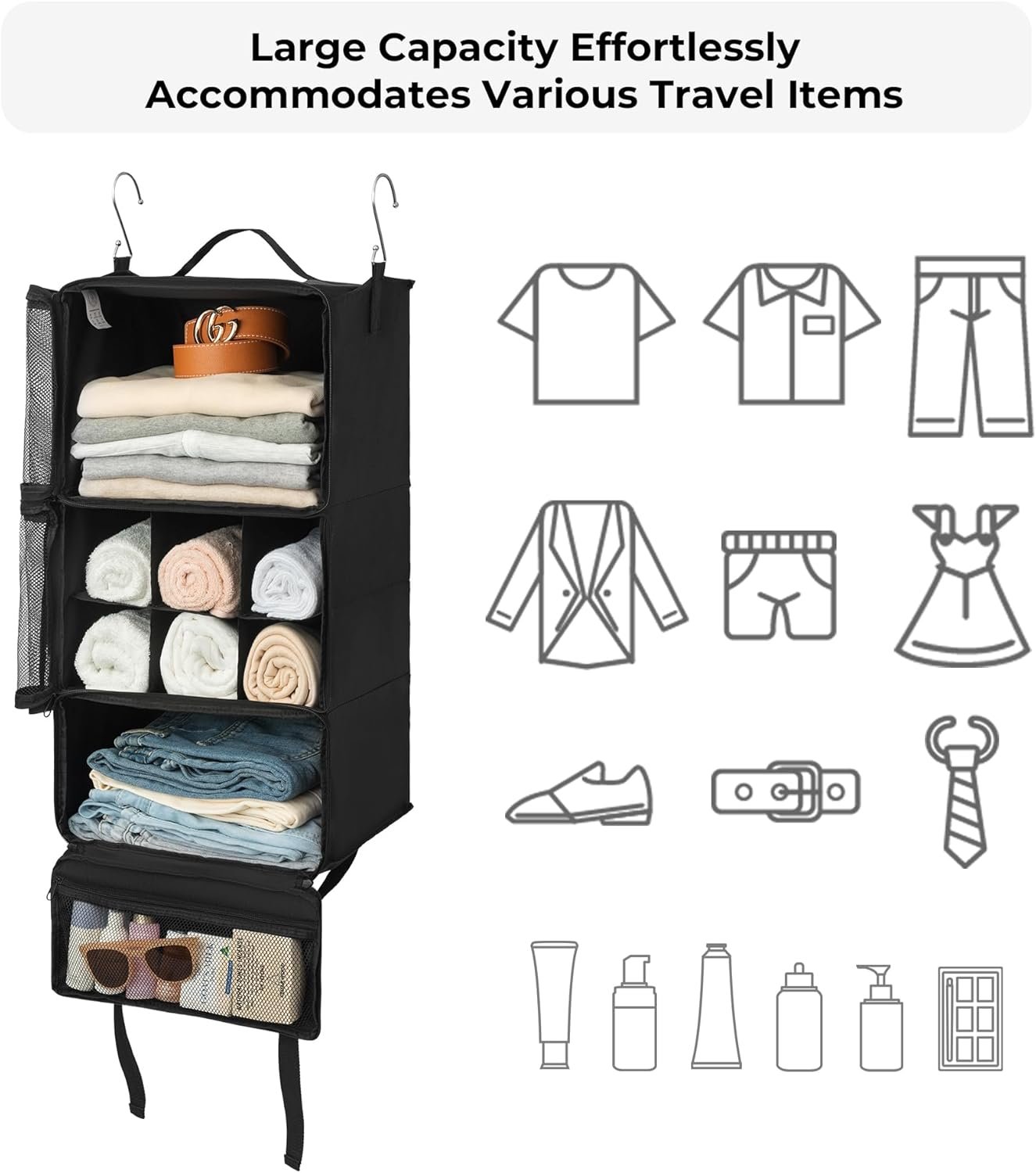 GRANNY SAYS 3-Shelf Travel Hanging Organizer, Compression Hanging Packing Cubes Suitcase Organizer, Portable Hanging Shelves with Mesh Window, Hanging Clothes Organizer and Storage, Travel Essentials - Image 4