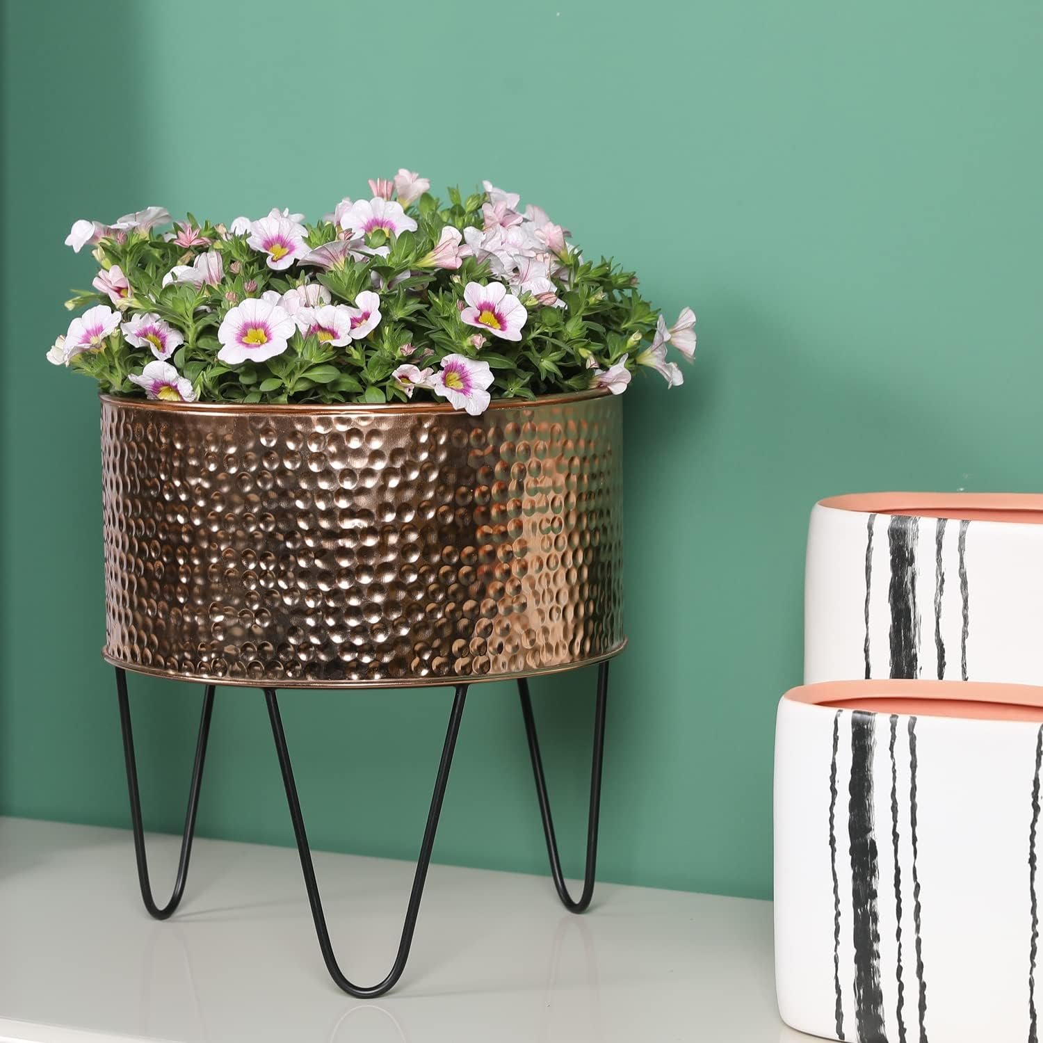 MyGift Modern Hammered Copper Tone Planter Pot, 8 and 10 Inch Metal Round Plant Container with Matte Black Wire Stand, Set of 2 - Handcrafted in India - Image 3