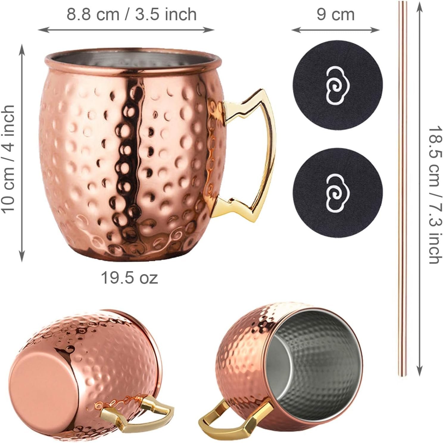 LIVEHITOP Moscow Mule Copper plated Mugs Set of 2, Copper Cups 19.5 Oz Cocktail Kit with Straw Coaster for Wine, Beer, Cold Drink, Bar, Party, Gifts - Image 3