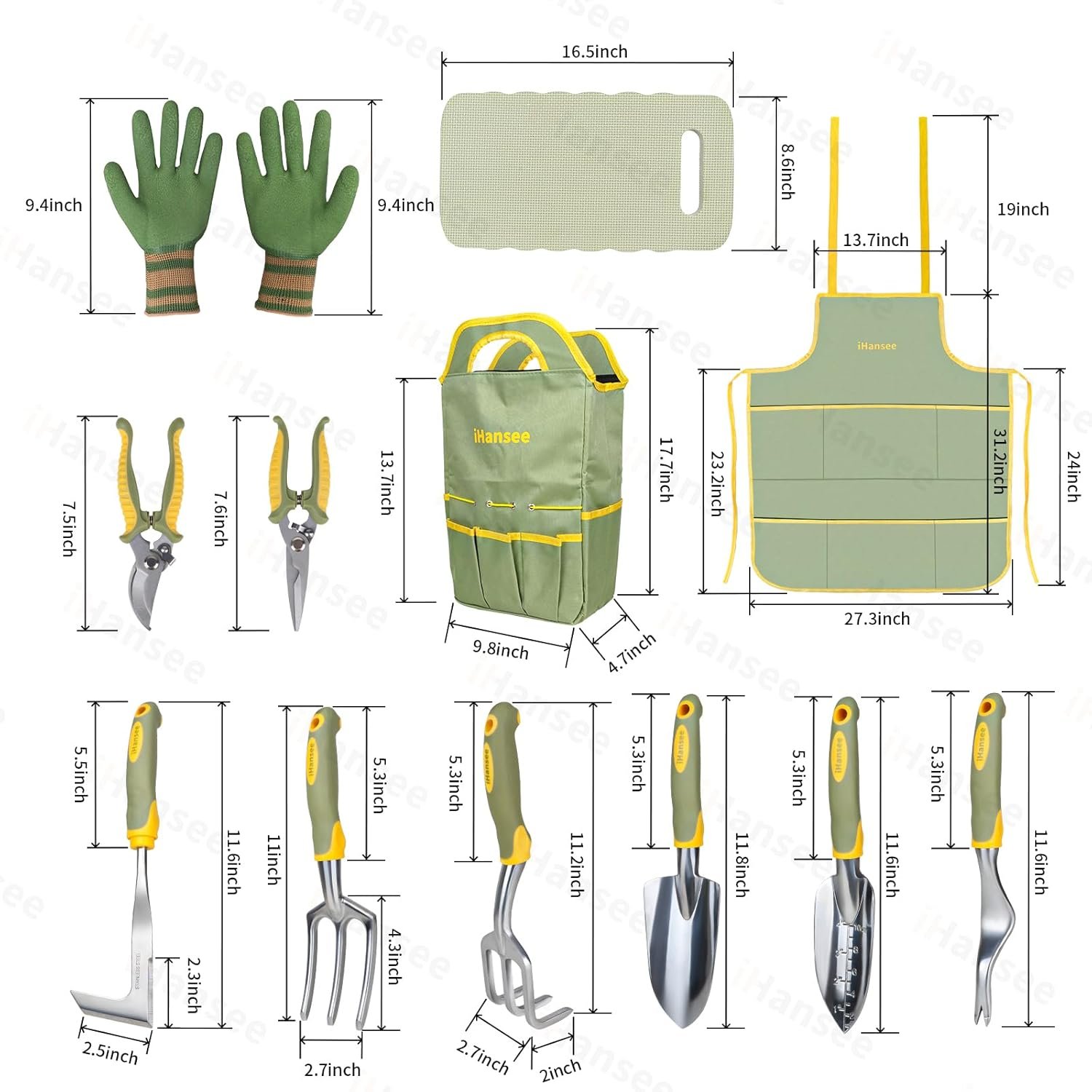 Set of 12 Garden Tools, iHansee Heavy-Duty Aluminum Gardening Tools Set with Rubber Non-Slip Handle, Garden Apron, Gloves, Kneeling Pad & Storage Bag, Ideal Gardening Gifts for Women Men Gardeners - Image 2