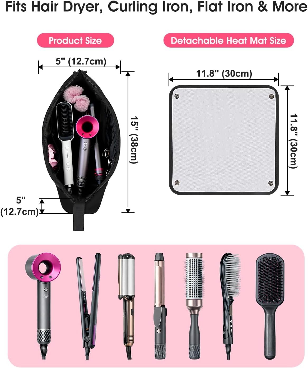 Hair Tools Travel Bag with Heat-Resistant Mat, Large Capacity Organizer for Curling Iron, Flat Iron, Blow Dryer & Hair Accessories, Portable Travel Case for Styling Tools (Black) - Image 2