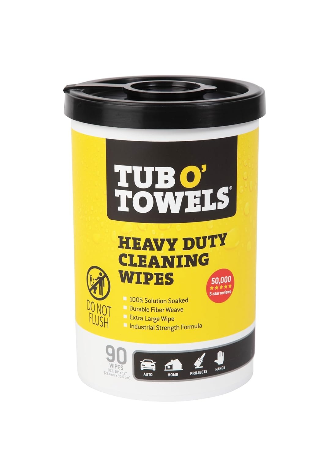 Tub O Towels TW90 Heavy-Duty 10" x 12" Size Multi-Surface Cleaning Wipes, 90 Count Per Canister