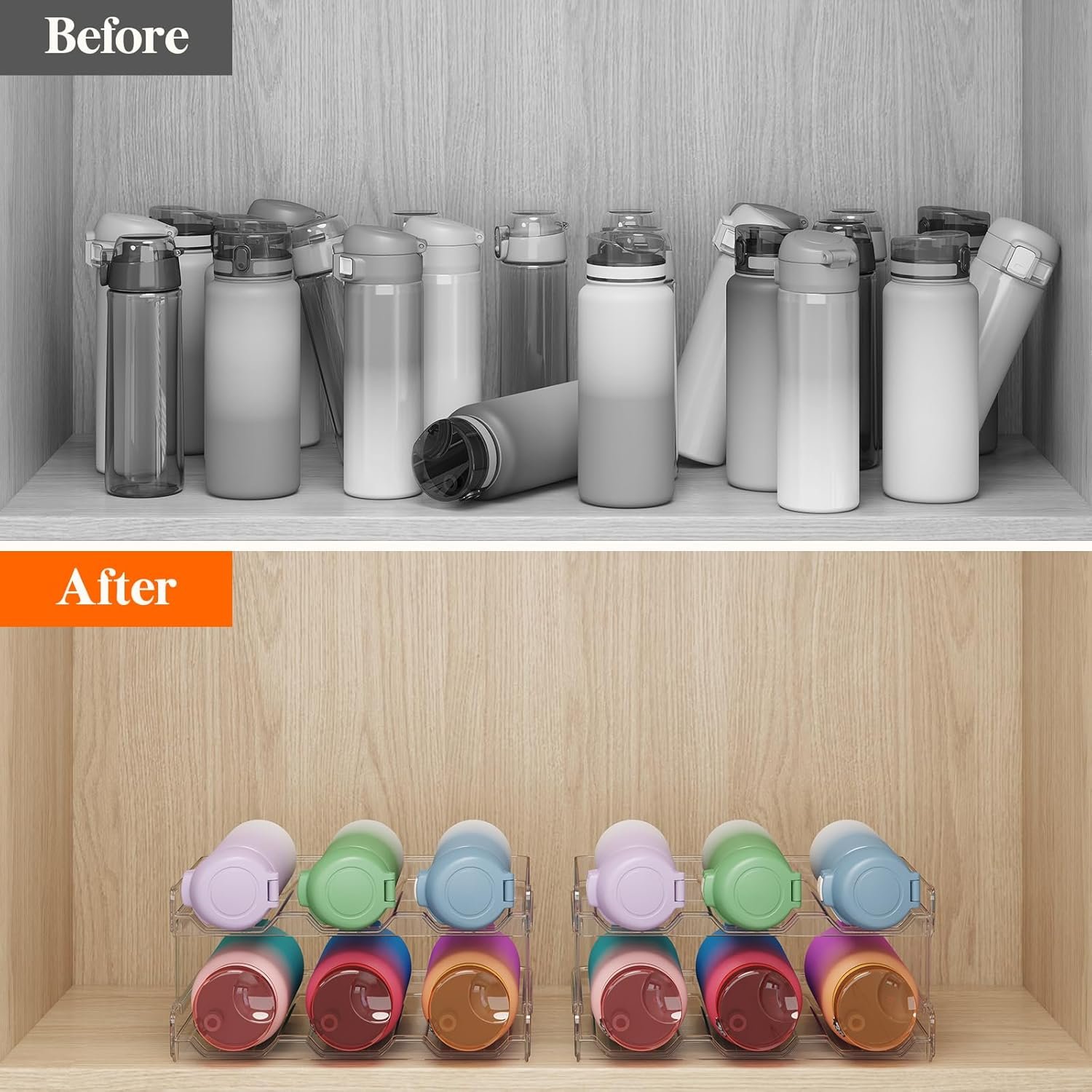 Lifewit Stackable Water Bottle Organizer for Cabinet, Freezer, Pantry - Plastic Cup Holder, Wine Racks for Kitchen Tabletop Storage, Cupboard, Office - Pack of 4, Each Rack Holds 3 Containers - Image 2