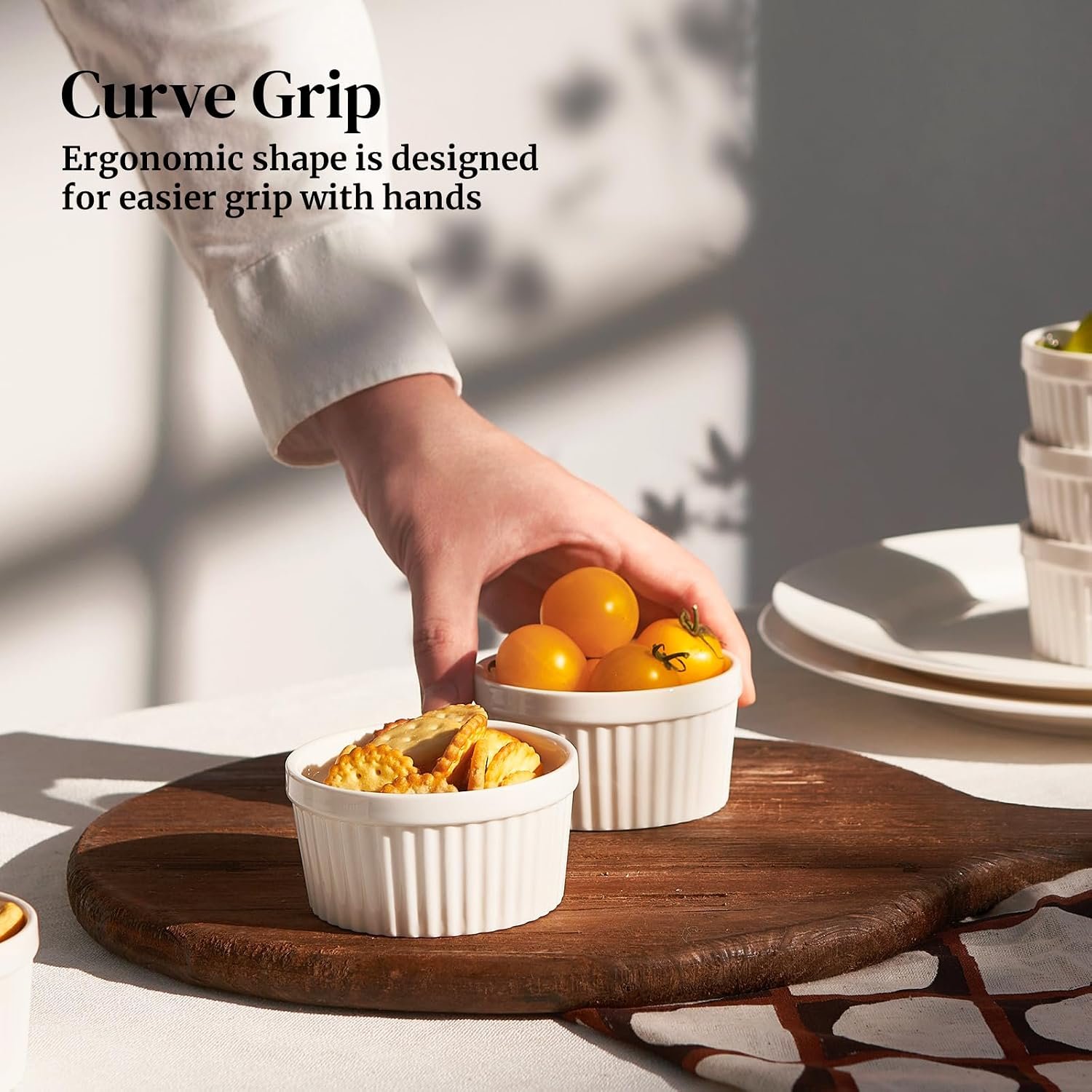 DOWAN Ramekins 6 oz Ceramic Ramekins Set of 6, Oven Safe Souffle Dishes for Air Fryer Baking, Mini Round Baking Cups for Creme Brulee, Dipping Sauces, Desserts and Prep Bowls, White - Image 8