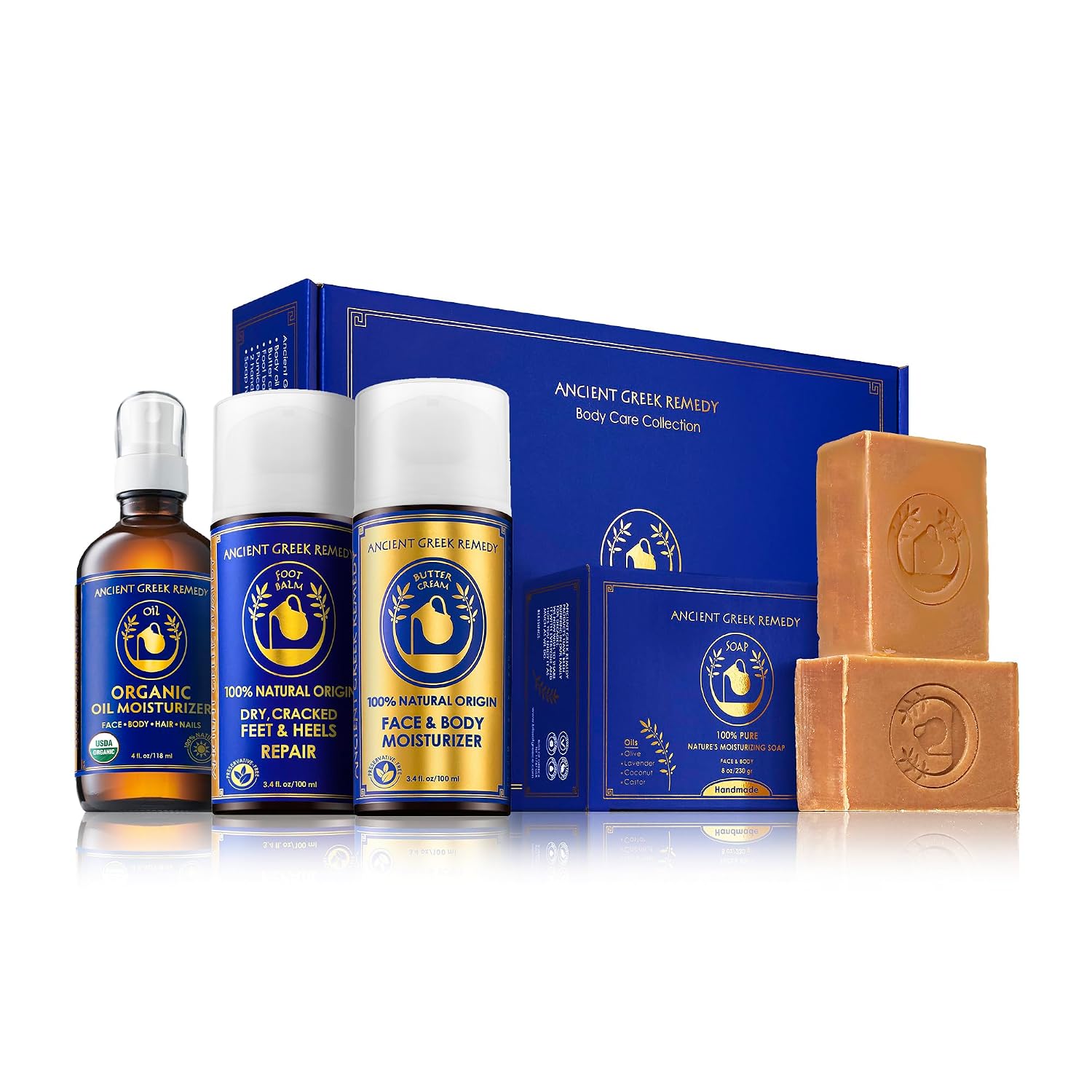 Ancient Greek Remedy Organic Spa Gift Set - Body Oil, Face Moisturizer, Foot Balm & 2 Soap Bars - Lavender Scented Skin Care Gift Basket for Women - Perfect for Christmas, Birthdays & Self Care