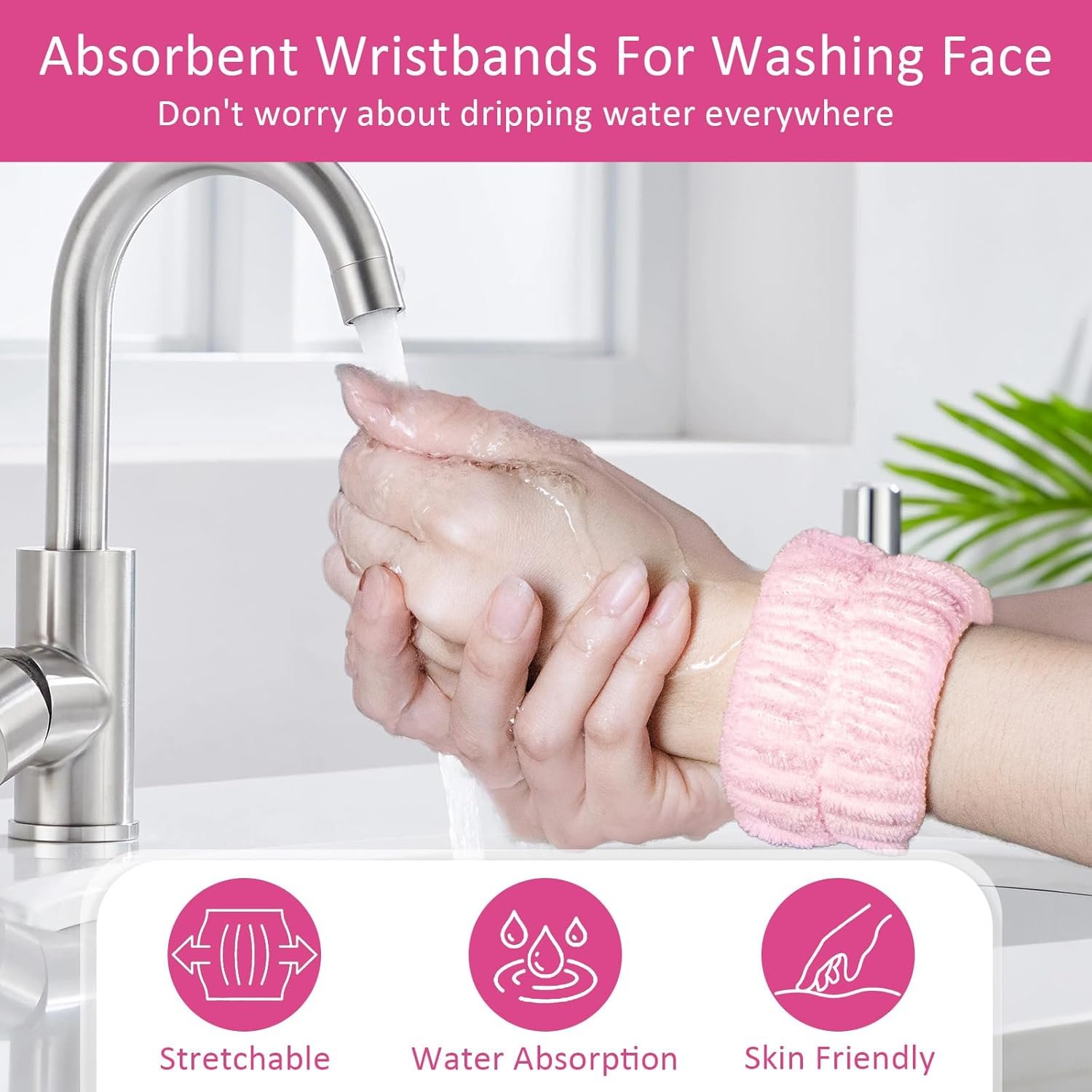 Facial Cleansing Brush 2 in 1, Silicone Face Scrubber Dual Face Brush for Deep Pore Cleansing and Exfoliating, Skincare Headband and Wristbands Set for Washing Face, Massaging Spa Makeup, Pink - Image 6