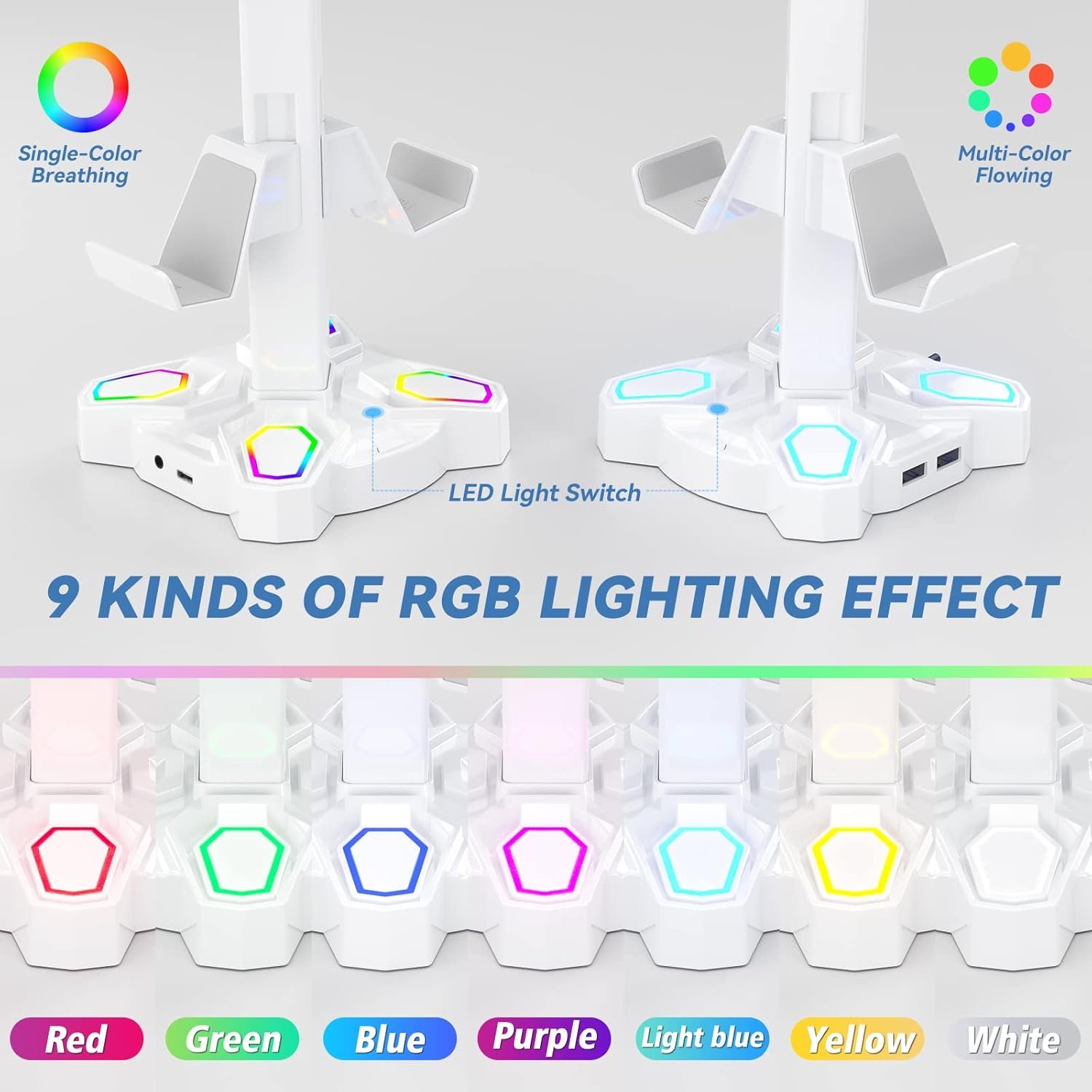 KDD Gaming Headphones Stand, Rotatable Headset Stand with Light Modes - Controller Holder with 2 USB Charging Ports and 3.5mm - Earphone Hanger Accessories for Desktop Gamer(White) - Image 3
