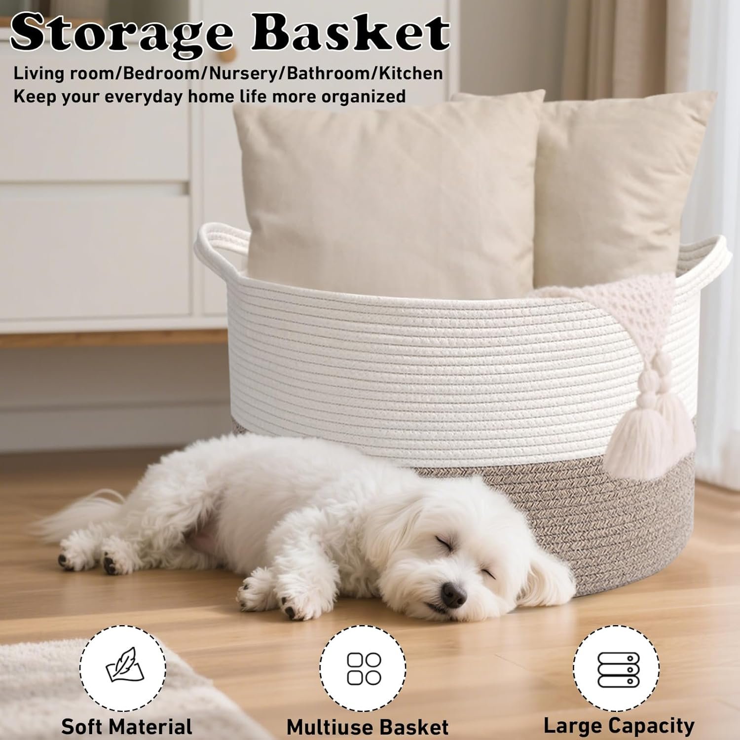 Large Woven Blanket Basket,65L Cotton Rope Laundry Basket Hamper with Handles, Decorative Nursery Basket Storage Bin for Toys, Clothes Organizer, Living Room, Bedroom, Bathroom, White & Brown - Image 7