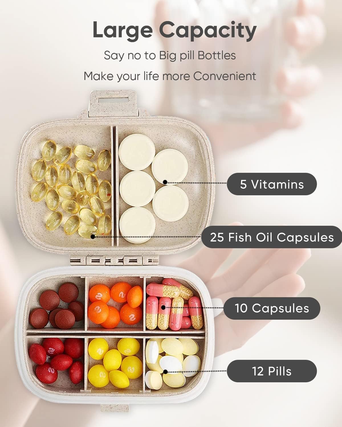 Holii Travel Pill Organizer, 8 Compartments Portable Pill Case, Daily Pill Box to Hold Vitamins, Small Pill Container for Pocket Purse Medicine Organizer(Khaki) - Image 6