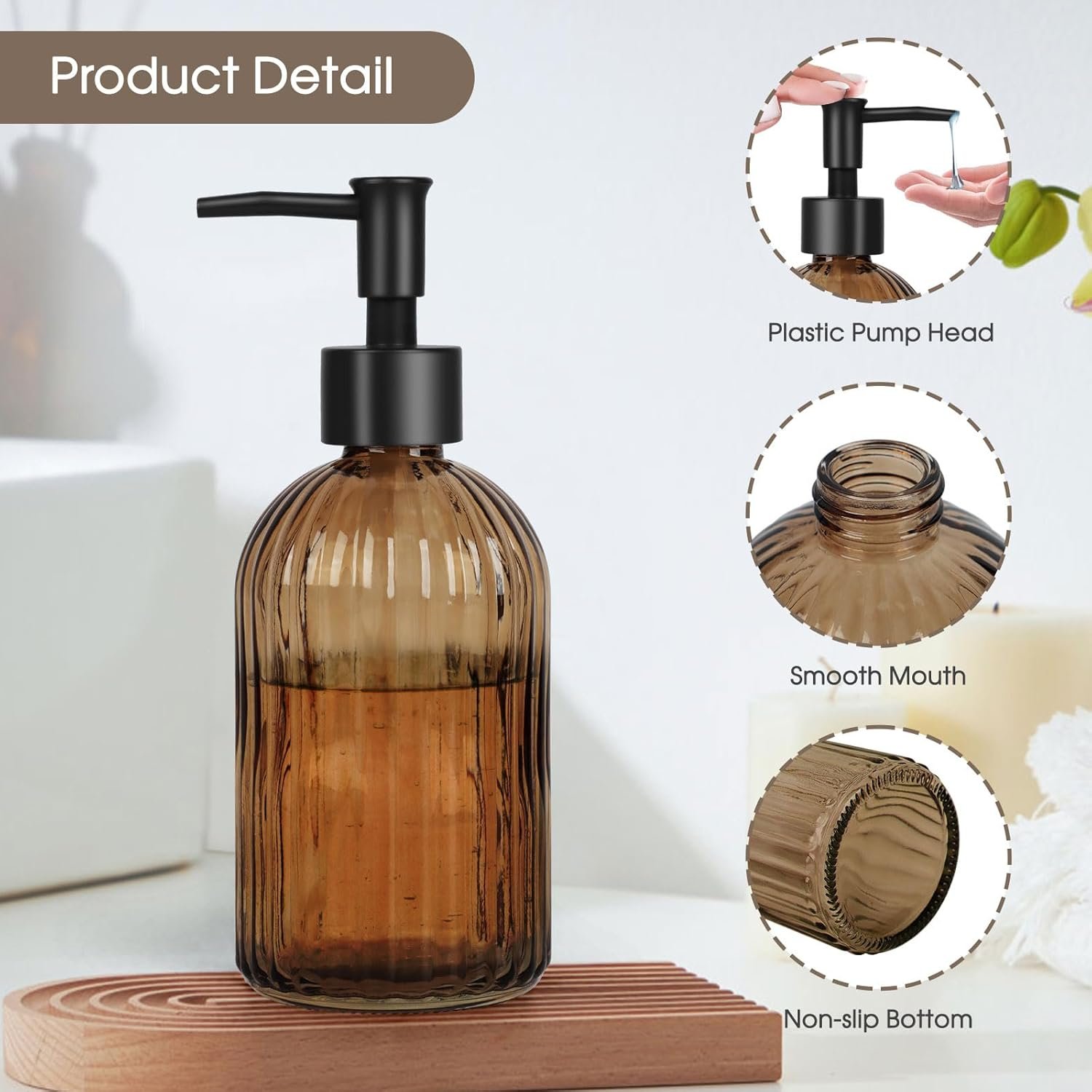 Topsky Glass Soap Dispenser with Black Plastic Pump, 400ml Liquid Hand Soap Dispenser, Rustproof Pump for Kitchen & Bathroom, Great for Lotions, Essential Oil, Liquid Soaps-Amber - Image 3