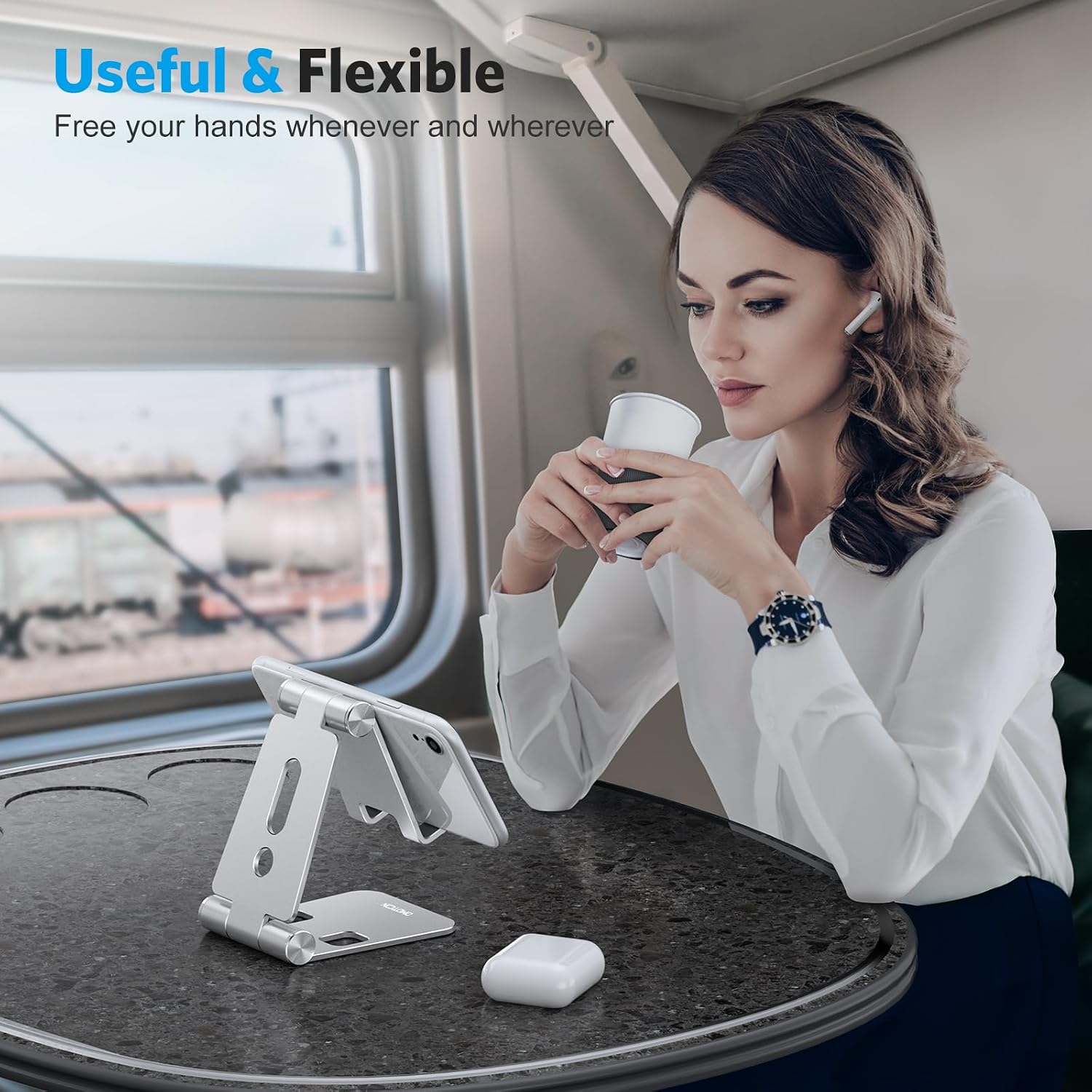 OMOTON Foldable Cell Phone Stand, C4 Portable Aluminum Phone Holder, Adjustable Phone Dock Cradle for iPhone 17/16/15 Pro Max Air, Small Tablets, All Smart Phones for Women Men Gift, Silver - Image 6