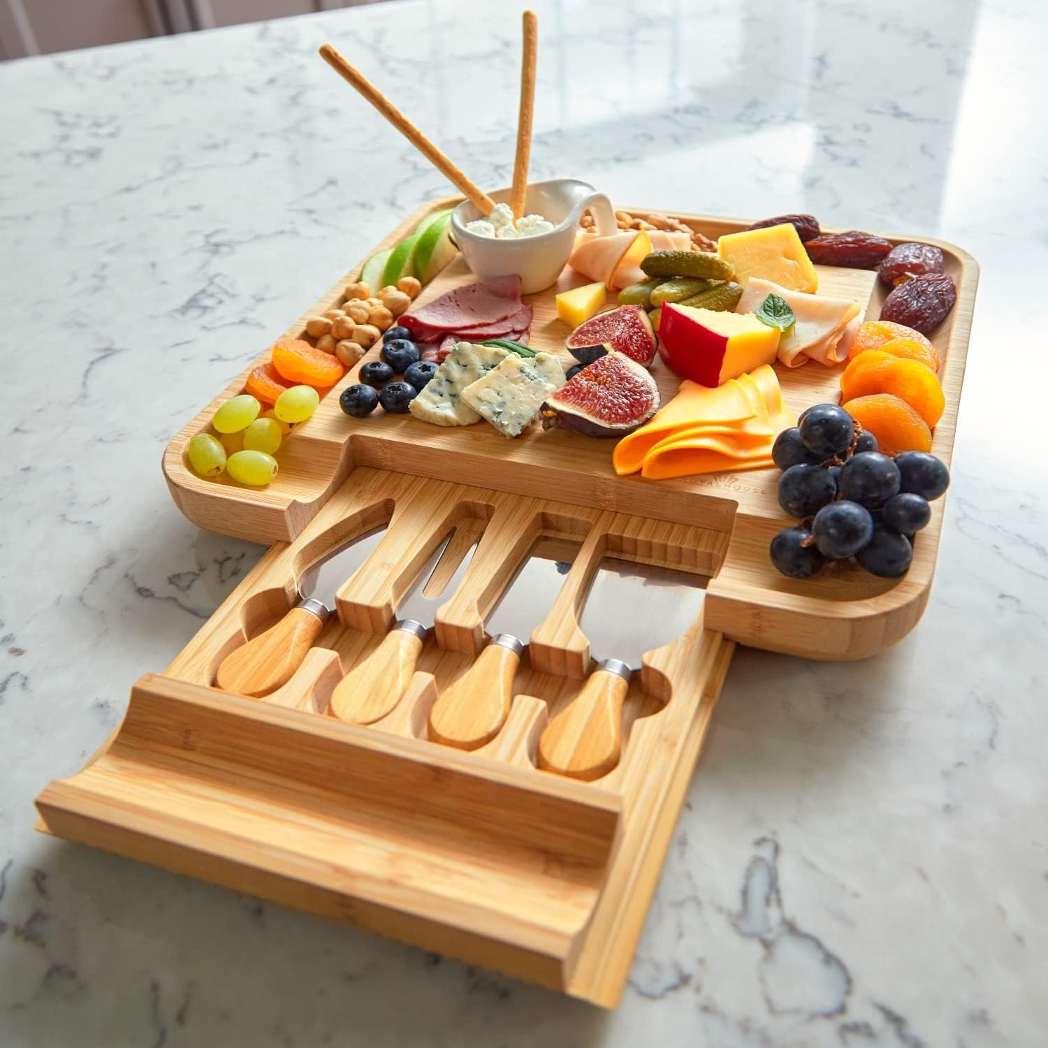 RoyalHouse Bamboo Cheese Board and Knife Set with Slide-Out Cutlery Drawer - Charcuterie Boards Set & Cheese Platter - Birthday Gifts for Women, Wedding Gifts for Couples 2025, Bridal Shower Gifts - Image 5