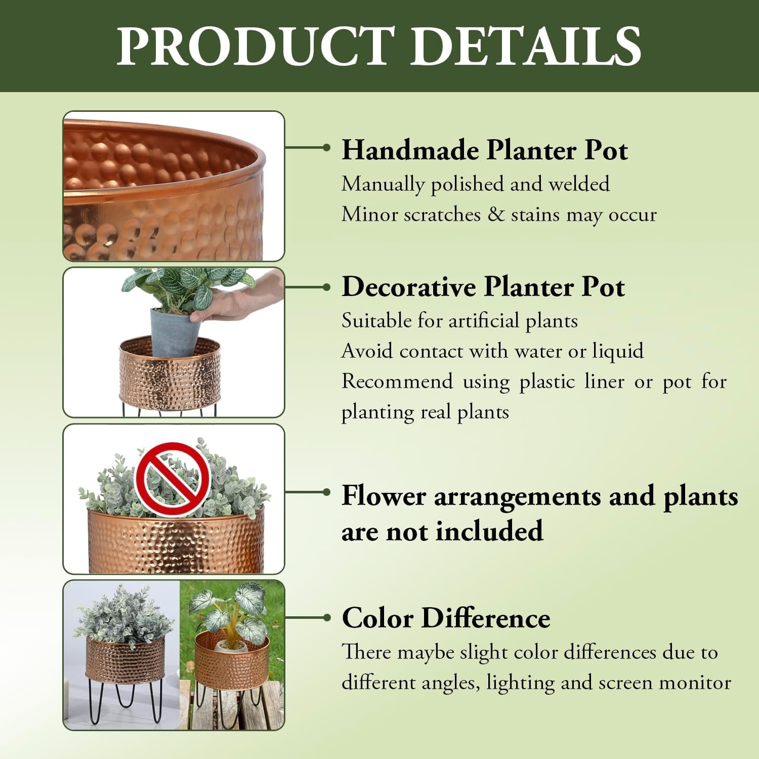 MyGift Modern Hammered Copper Tone Planter Pot, 8 and 10 Inch Metal Round Plant Container with Matte Black Wire Stand, Set of 2 - Handcrafted in India - Image 4