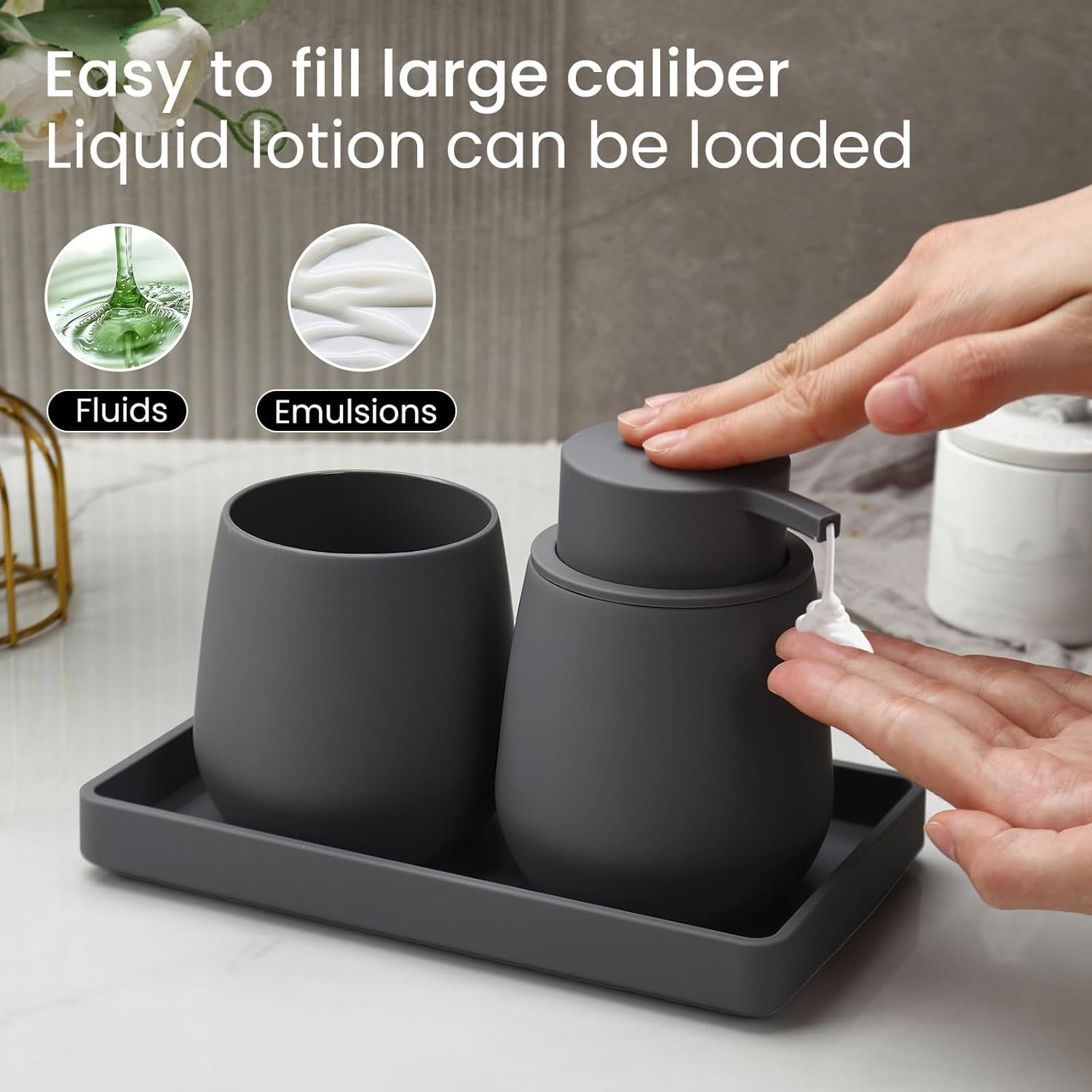 Gray Bathroom Accessories Set, Modern 3 Pcs Bathroom Essentials - Soap Dispenser, Toothbrush Holder & Tray, Countertop Vanity Organizer (Gray) - Image 4