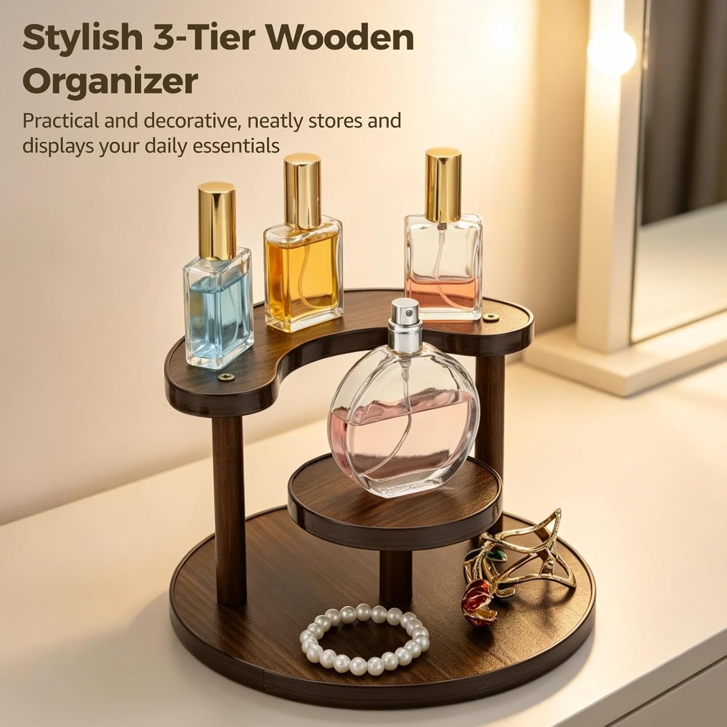 3 Tier Perfume Organizer Stand, Wooden Makeup Organizer Shelf for Vanity, Desktop Display Stand for Fragrance Cologne Storage, Compact Tiered Display Rack for Dresser Countertop, Dark Brown Finish - Image 2