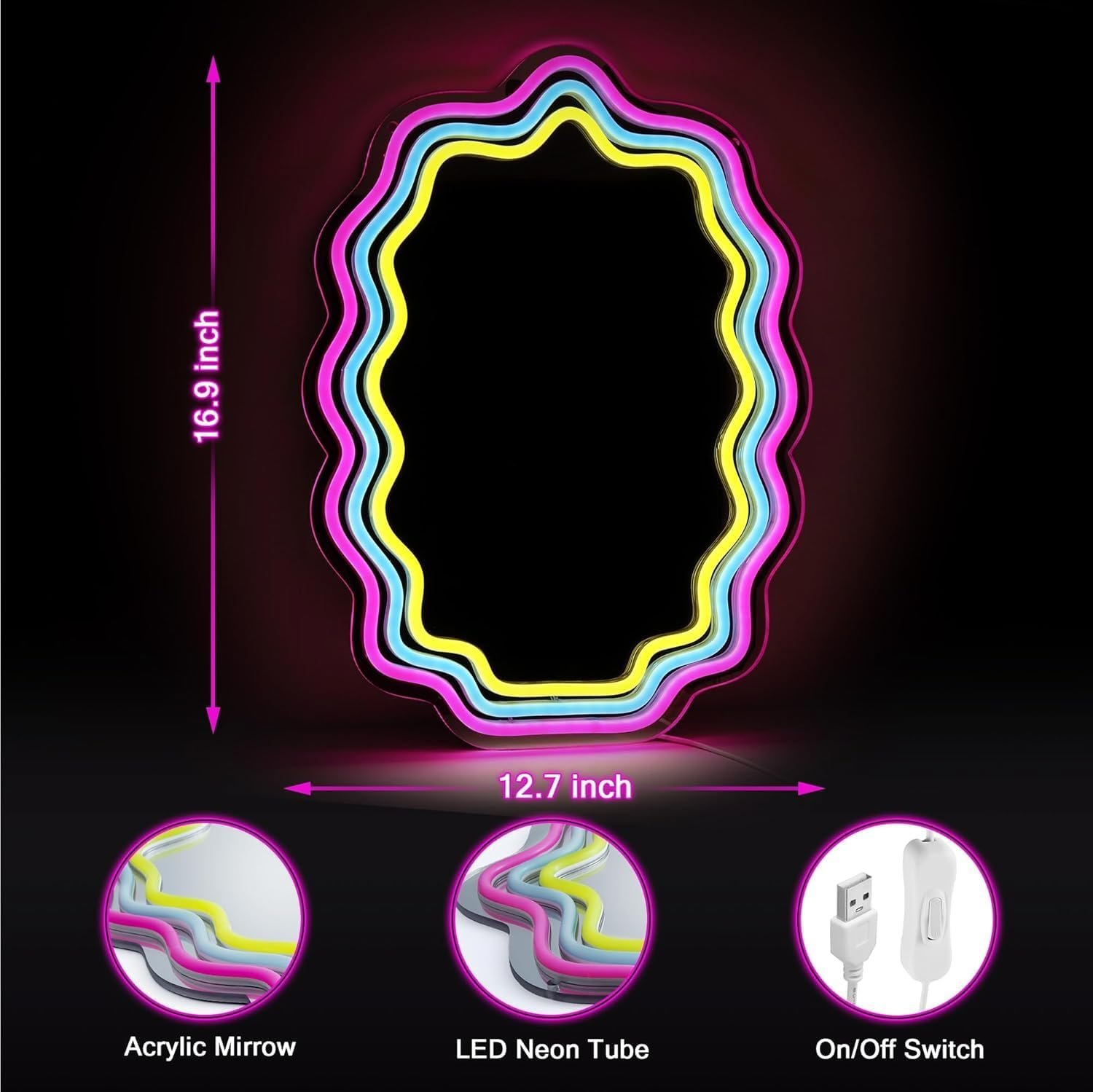 Kavaas Wavy Neon Mirror 16.9" x 12.7", LED Wave Mirror with Lights for Bedroom, Girls Room - Best Gifts for Teen Girls, Birthday, Christmas - Image 3
