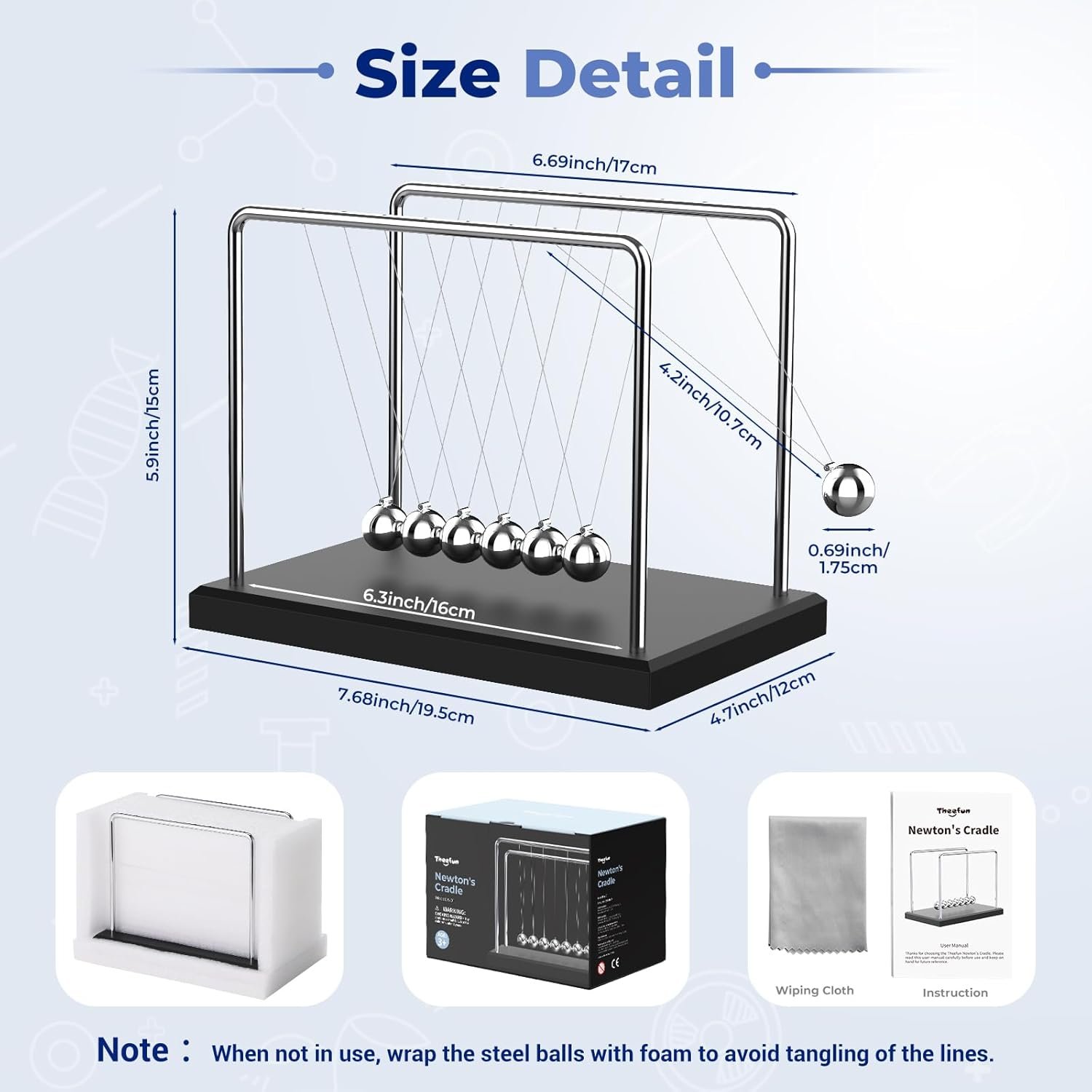 Theefun Newtons Cradle Pendulum Large 7 Beads, 30+ Sec Swing Balance Balls Desk Toys Office Decorations with Wood Base, Physics Gadget for Kids - Image 7