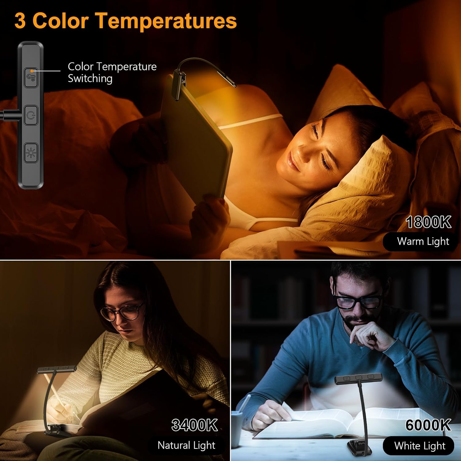 Gritin 19 LED Rechargeable Book Light for Reading in Bed with Memory Function- Eye Caring 3 Color Temperatures,Stepless Dimming Brightness,90 Hrs Runtime Lightweight Clip on Light for Book Lovers - Image 3