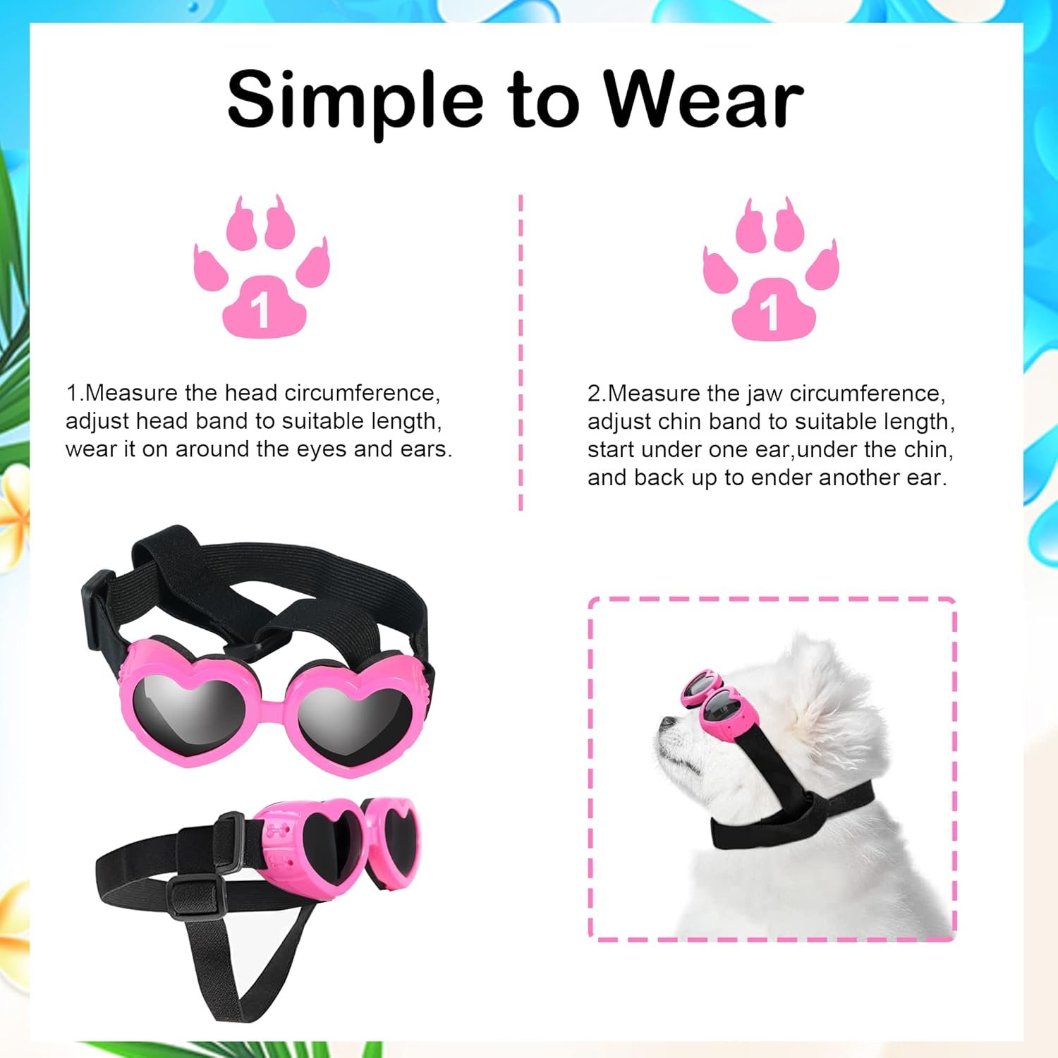 Small Breed Dog Sunglasses, UV Protection with Adjustable Strap, Heart-Shaped Goggles for Waterproof, Windproof, Anti-Fog Eye Protection, Beach Accessories (Pink) - Image 7