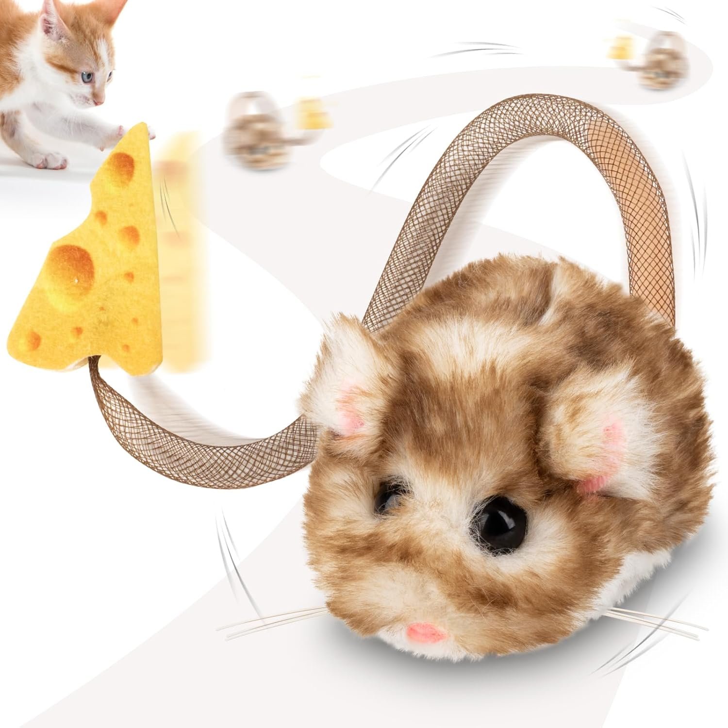 Migipaws Interactive MigiMouse Cat Toy 360° Rolling & Spin with Wiggling Tail for Indoor Cats Smart Motion Sensor, Realistic Squeak, Rechargeable Plush Kitten Toy (Brown Long Plush) - Image 2