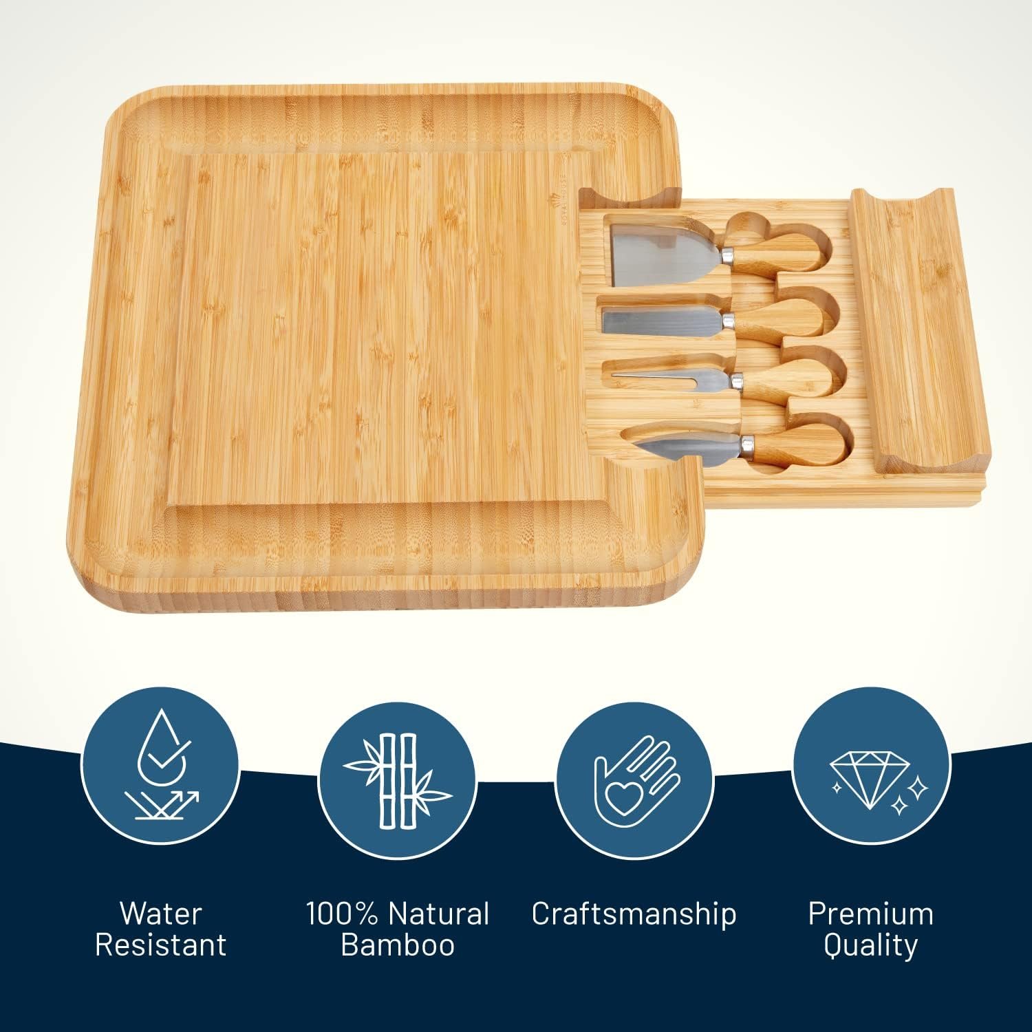 RoyalHouse Bamboo Cheese Board and Knife Set with Slide-Out Cutlery Drawer - Charcuterie Boards Set & Cheese Platter - Birthday Gifts for Women, Wedding Gifts for Couples 2025, Bridal Shower Gifts - Image 2