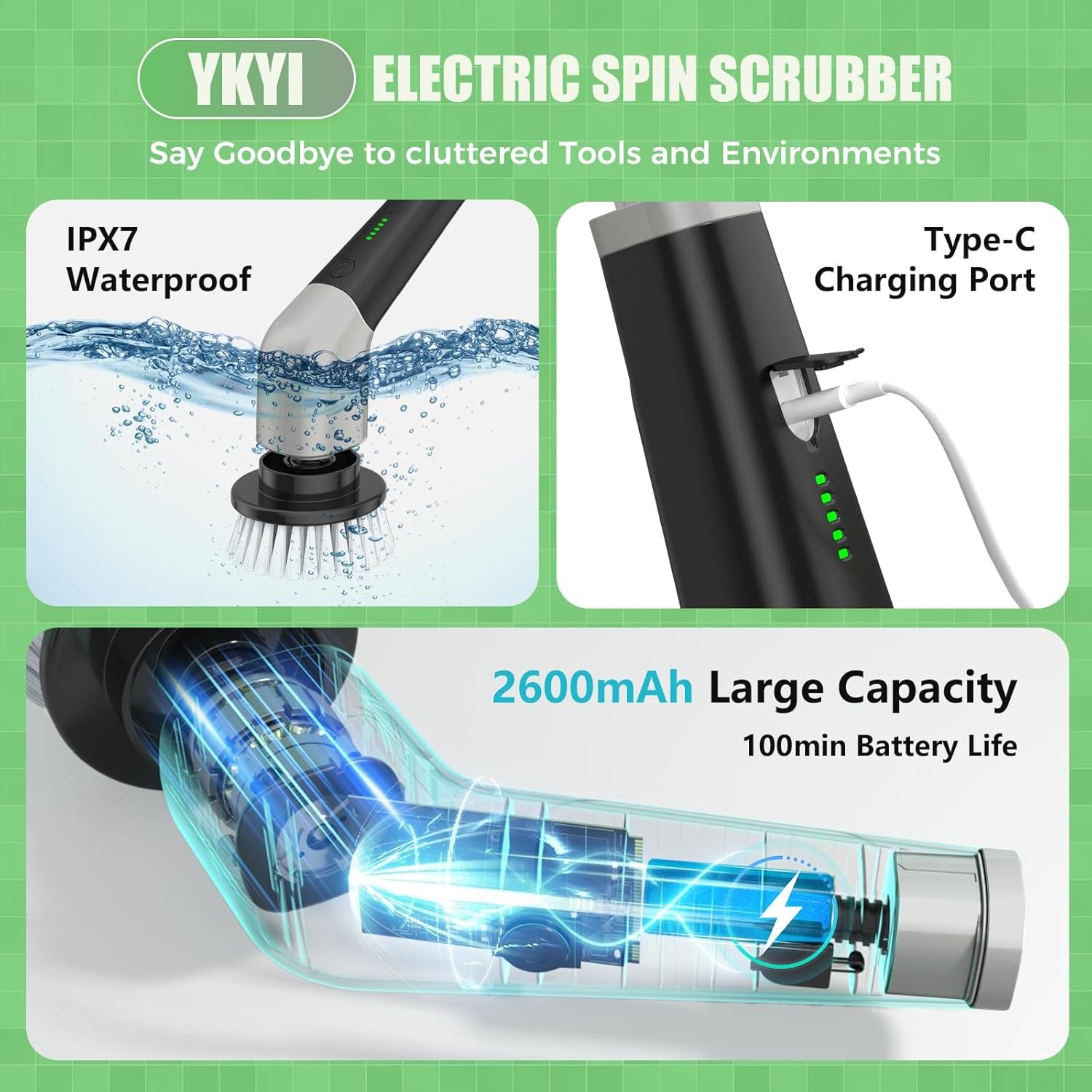 YKYI Electric Spin Scrubber, Cordless Cleaning Brush with 8 Replaceable Brush Heads, Power Scrubber with Adjustable Extension Handle for Bathroom, Tub, Tile, Floor and Kitchen Cleaning (Grey) - Image 4