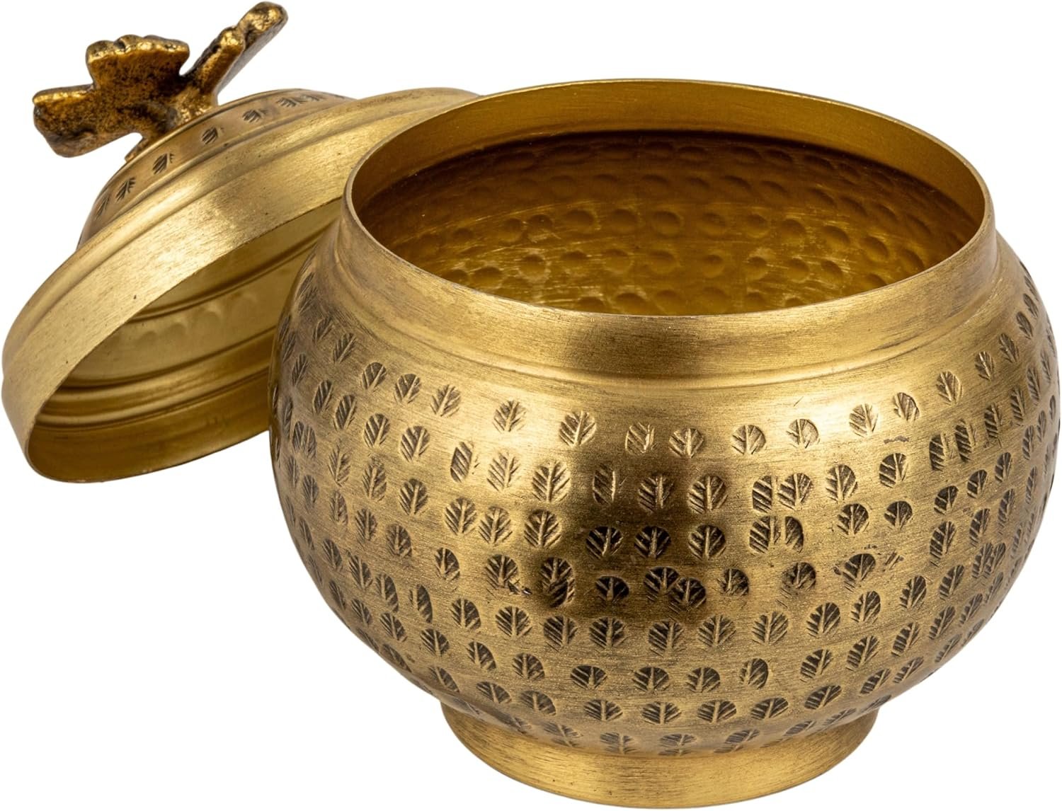 Creative Co-Op Round Hammered Metal Container with Butterfly Finial, Brass Finish - Image 4