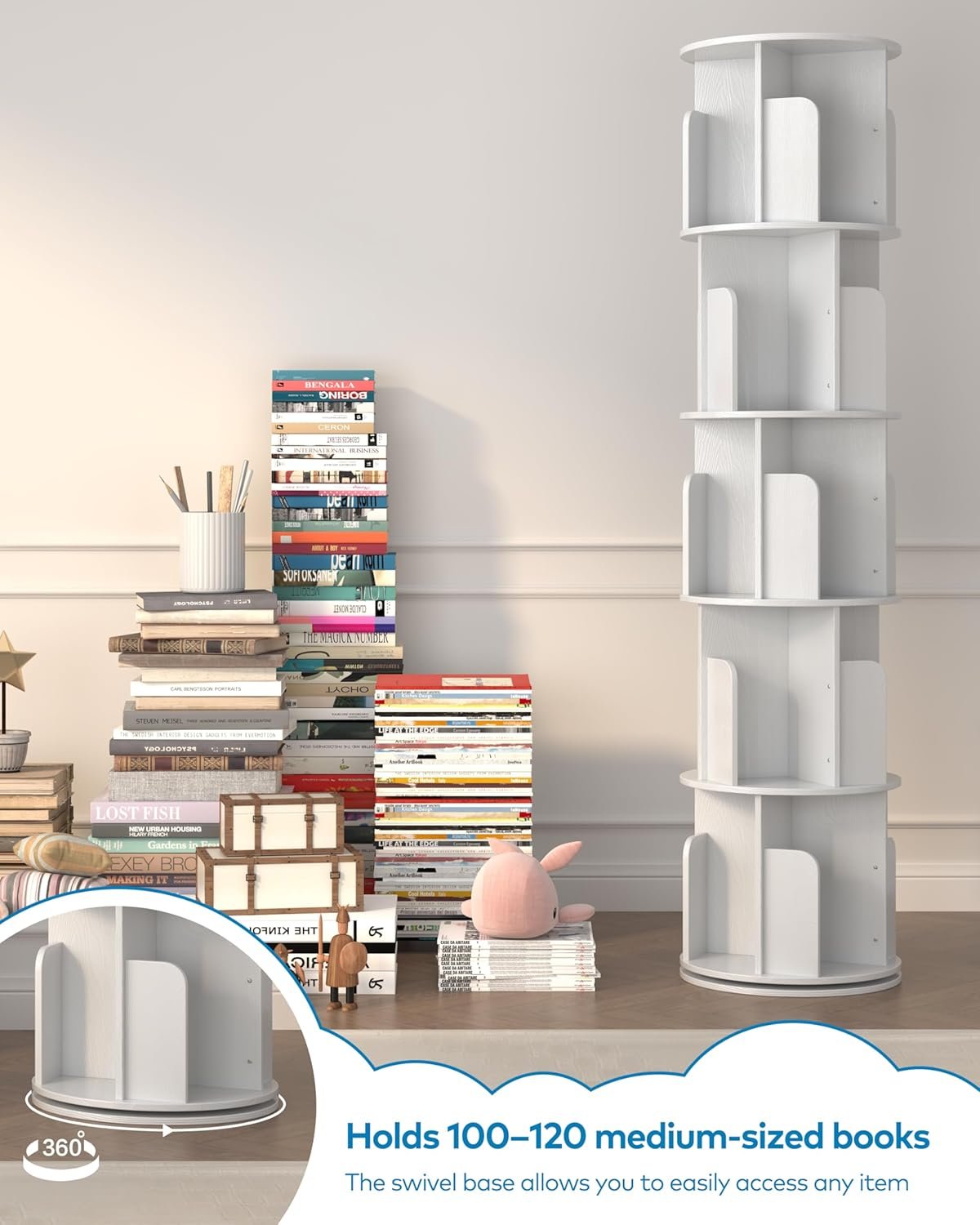 Rotating Bookshelf 5 Tier Tower, Round Spinning Bookcase 360° Revolving, MDF Kids Bookshelf with Adjustable Shelves for Small Spaces, Corner, Office, Easy Assembly Sturdy Organizer - Image 5
