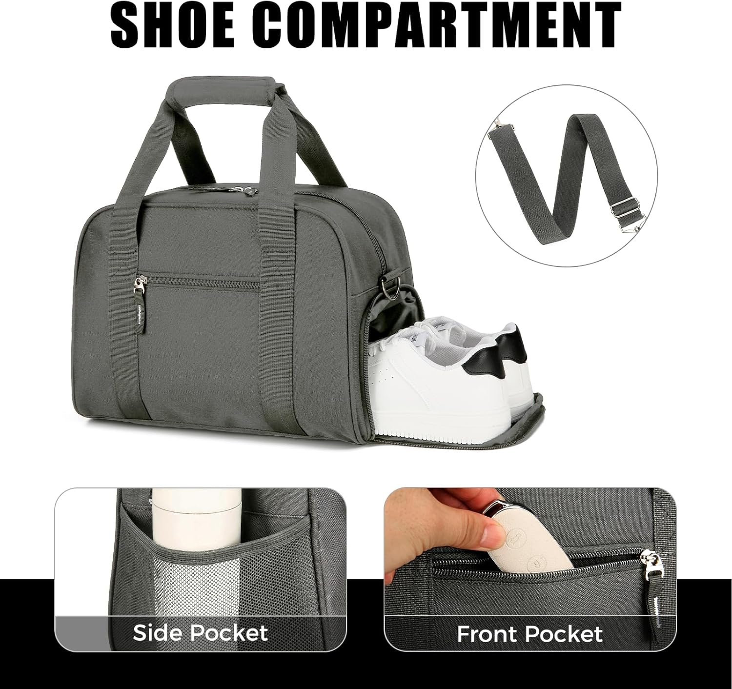 Searock 14 inch Small Gym Bag for Men & Women, Mini Duffle Bag with Shoe Compartment, Lightweight Carry On Duffel Bag for Travel Sports, Dark Grey - Image 5