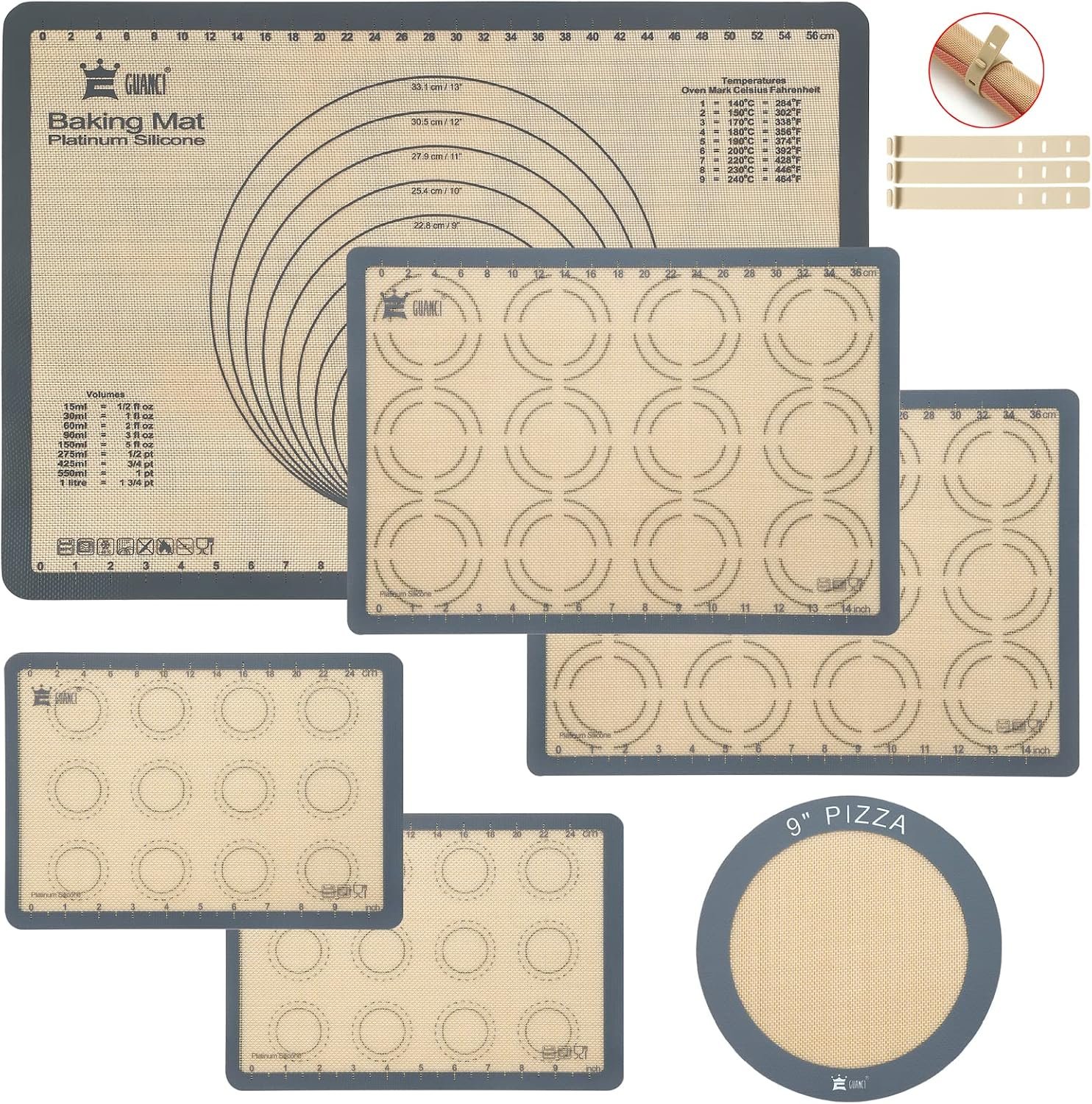 GUANCI Silicone Baking Mat Set of 6, Includes 25"x17.5" Large, 2 Medium 16.5"x11.6", 2 Small 11.75"x8.25", 9" Round, All Mats 0.70mm Thick, Non-Stick Reusable Baking Mats for Pizza, Cookie, Bread