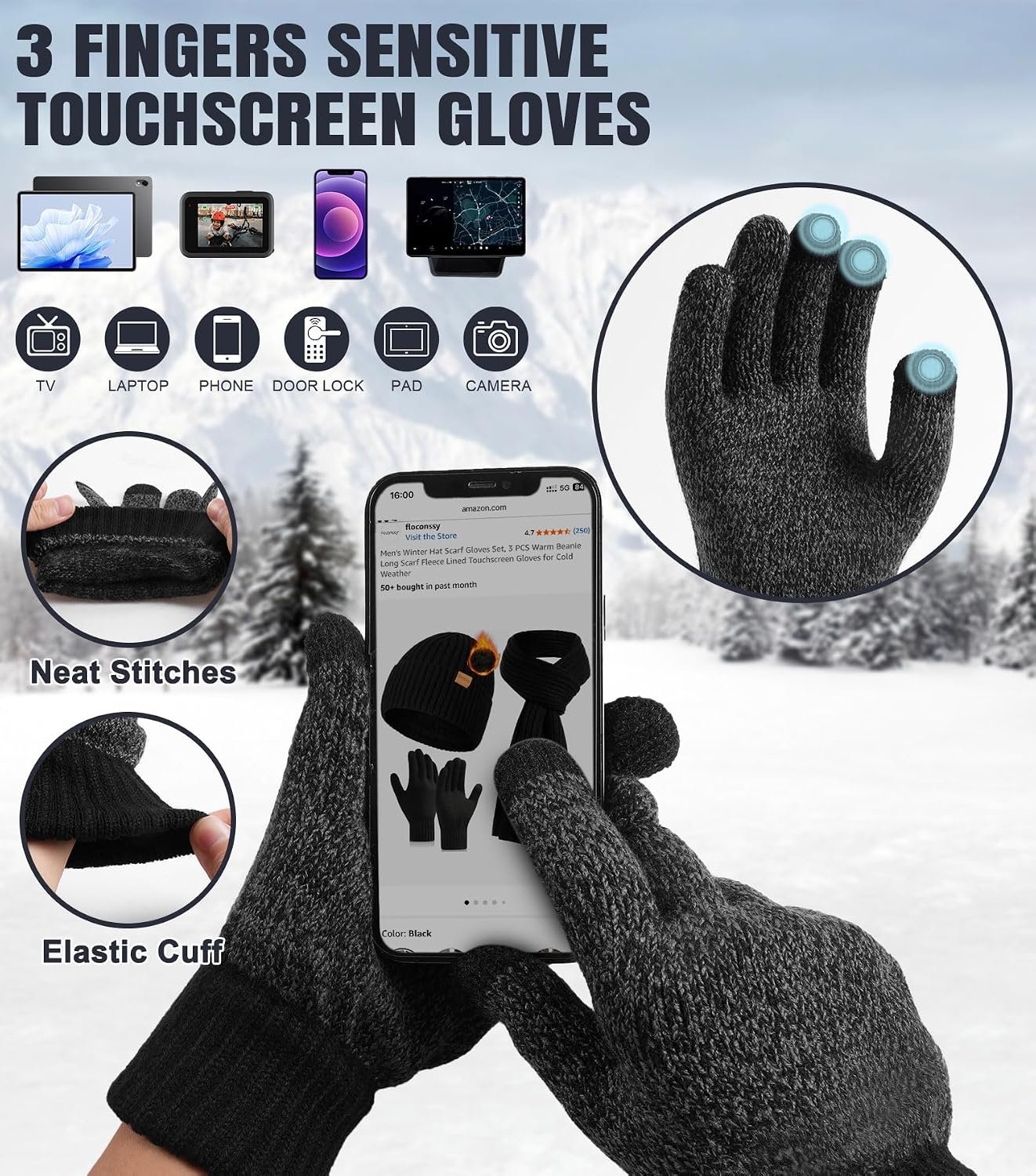 floconssy Men's Scarf Hats Gloves Sets Winter Gifts, 3 PCS Fleece Lined Beanie Warm Long Scarves for Cold Weather Christmas - Image 3