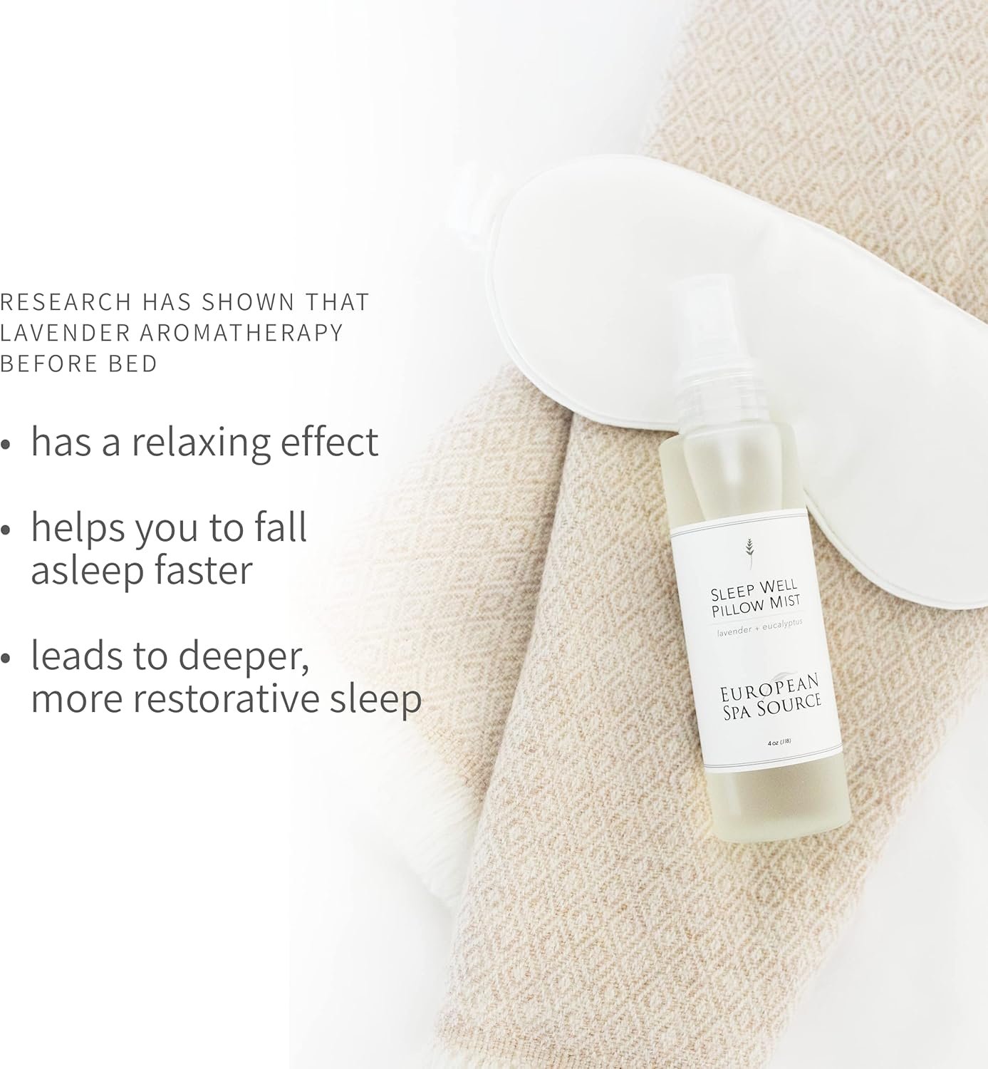 European Spa Source Sleep Well Eucalyptus + Lavender Pillow Mist Spray for Aromatherapy, At Home Spa Experience, Tension Relief, Sleep Support, and Relaxation, 4 fl oz. - Image 4