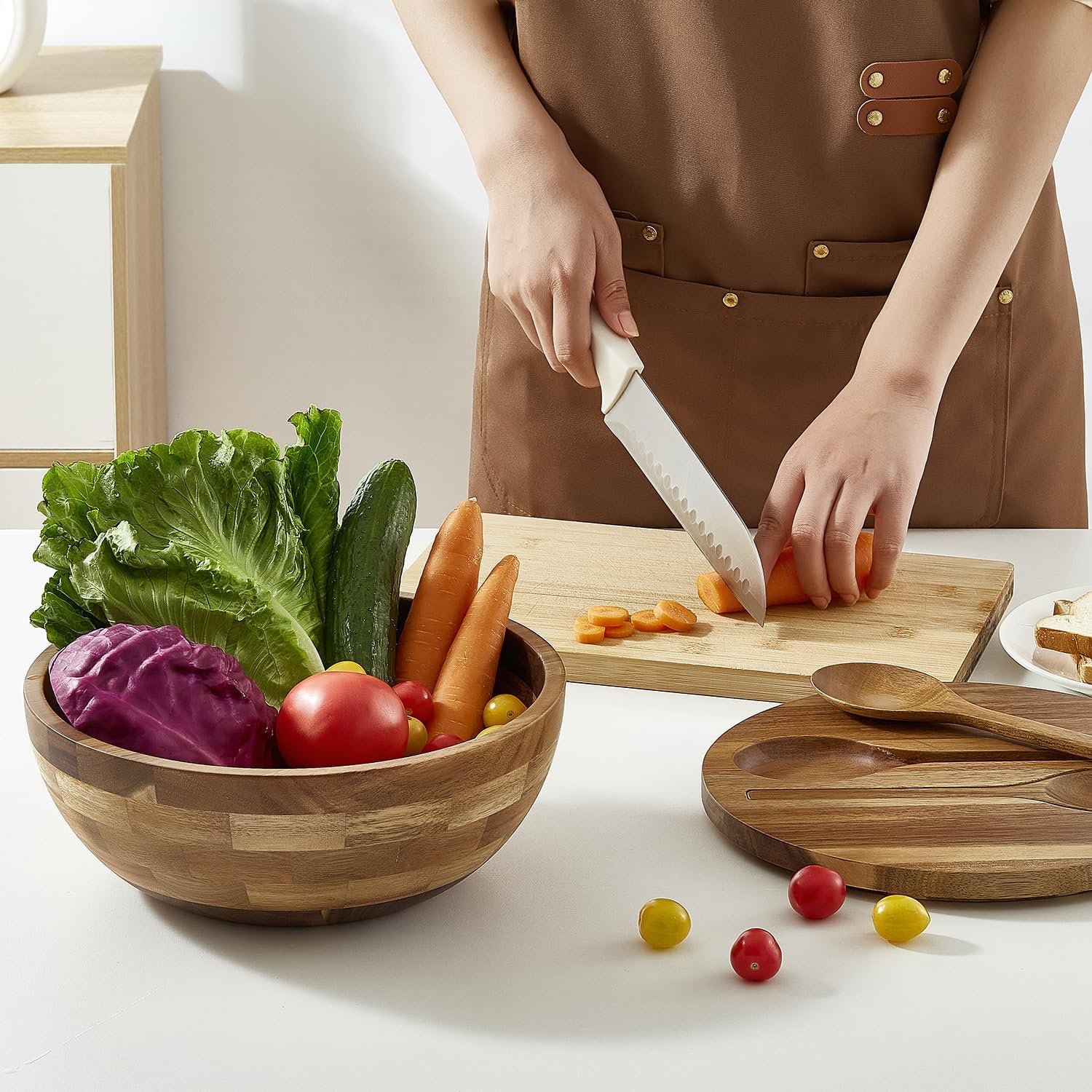Acacia Wooden Salad Bowl with Lid, Built-in Acacia Wood Utensils, 10.5" Large Wood Serving Bowls for Fruits, Salad, and Vegetables, Big Wood Salad Bowls Set 4-Piece, All-in-One Design - Image 6