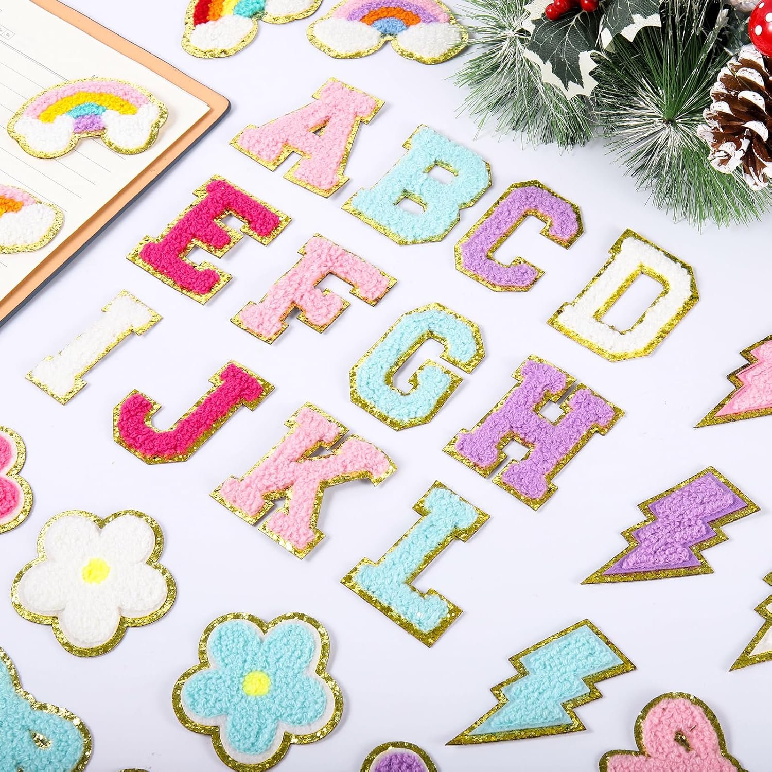 72 Pcs Preppy Chenille Patches Self Adhesive for DIY Clothing,Include 52 A-Z Chenille Letter Patches Stick on,20 Rainbow Flower Lighting Bowknot Embroidered Stickers Patches for Backpacks Bags Hats - Image 5
