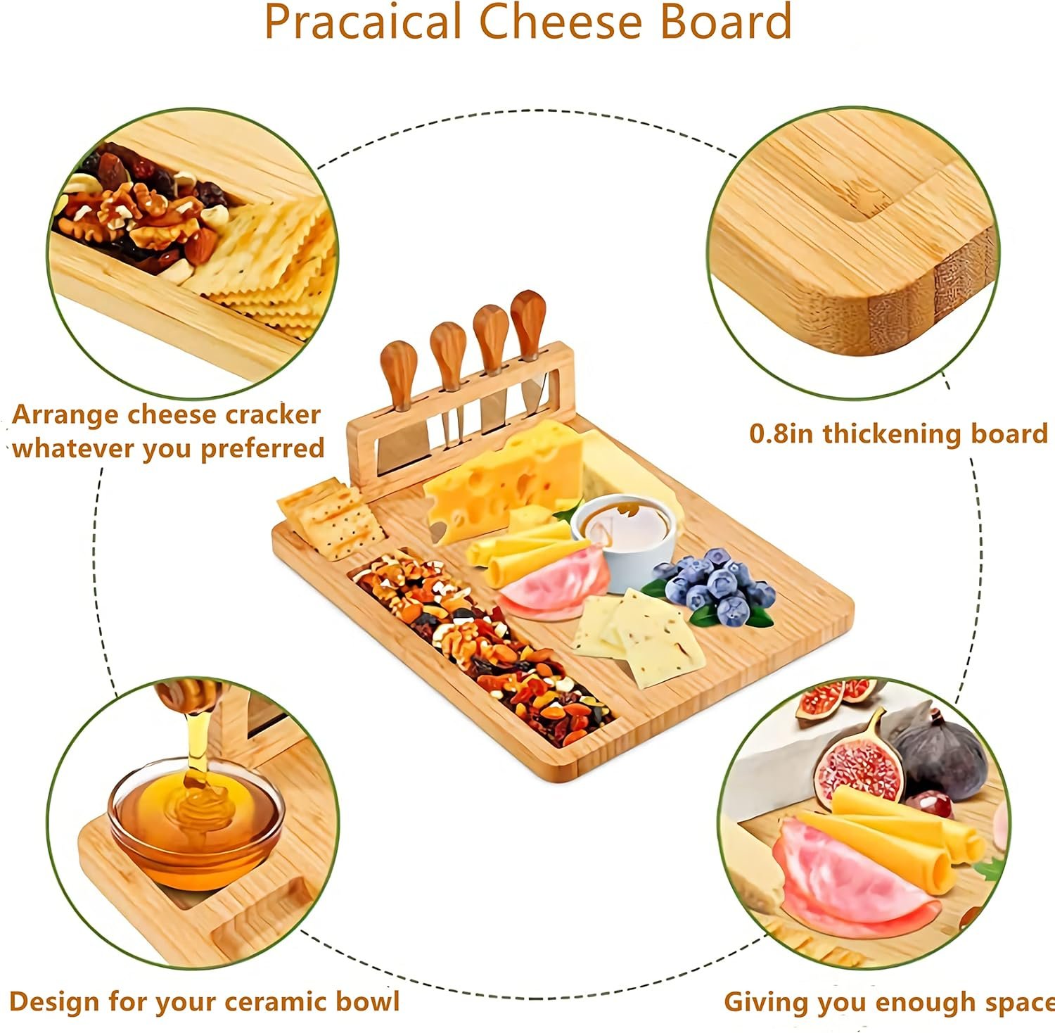 Cheese Board and Knife Set,Bamboo Charcuterie Board,Wine Meat Cheese Platter Serving Board with 4 Stainless Steel Knife,Wooden Cheese Tray,Cheese Plate Set,Perfect for Birthday,Housewarming Gift - Image 4