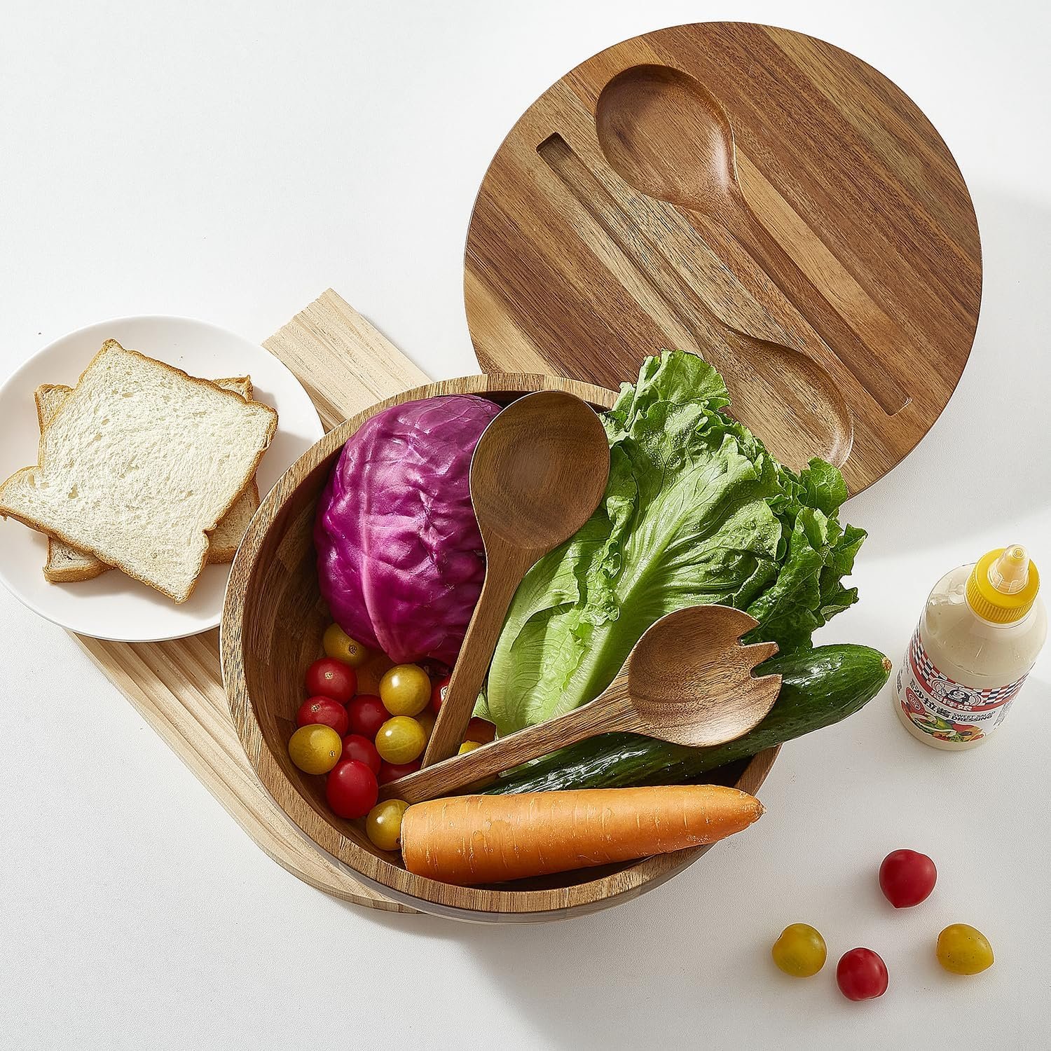 Acacia Wooden Salad Bowl with Lid, Built-in Acacia Wood Utensils, 10.5" Large Wood Serving Bowls for Fruits, Salad, and Vegetables, Big Wood Salad Bowls Set 4-Piece, All-in-One Design - Image 5