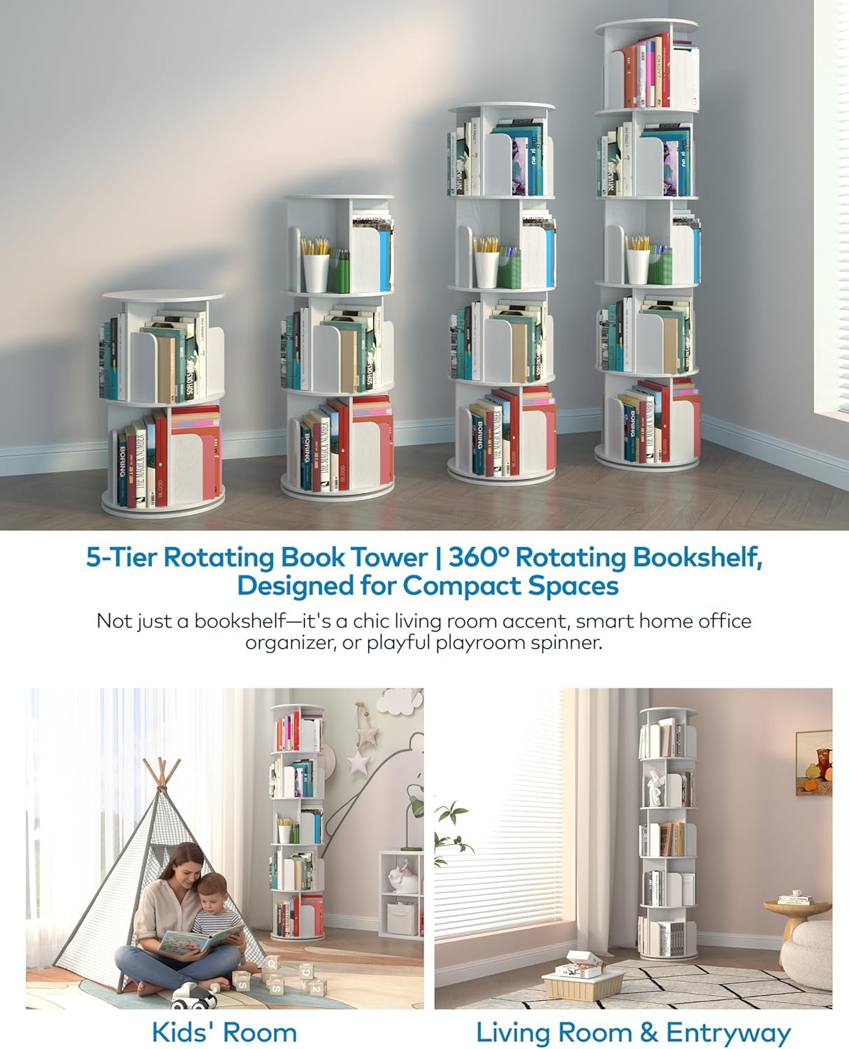 Rotating Bookshelf 5 Tier Tower, Round Spinning Bookcase 360° Revolving, MDF Kids Bookshelf with Adjustable Shelves for Small Spaces, Corner, Office, Easy Assembly Sturdy Organizer - Image 8