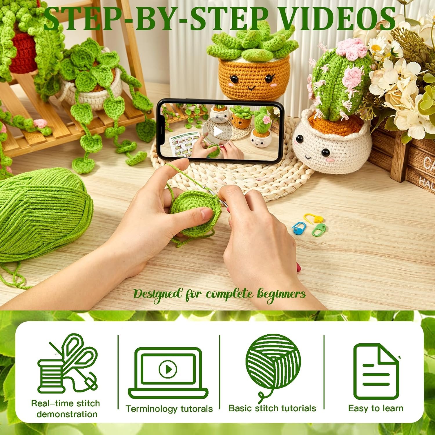 MAGIMUSE Crochet Kit for Beginners, Crochet Starter Kits, Amigurumi Craft Knitting Crocheting Kits with Step-by-Step Video Tutorials, 6 Pack Hanging Potted Plants Family(40%+ Yarn - Image 4